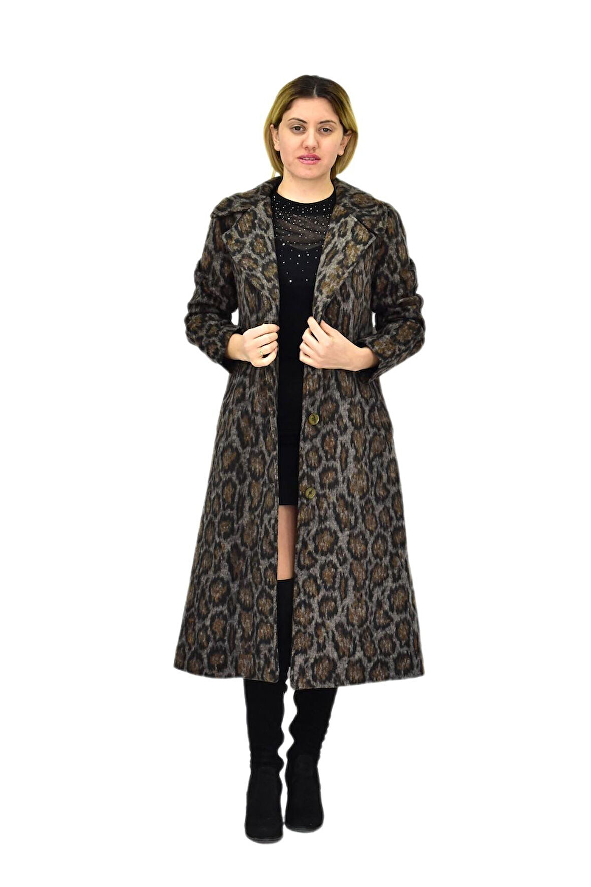 Kadın Leopar Desenli Uzun Kaşe Kaban BGL-ST04114