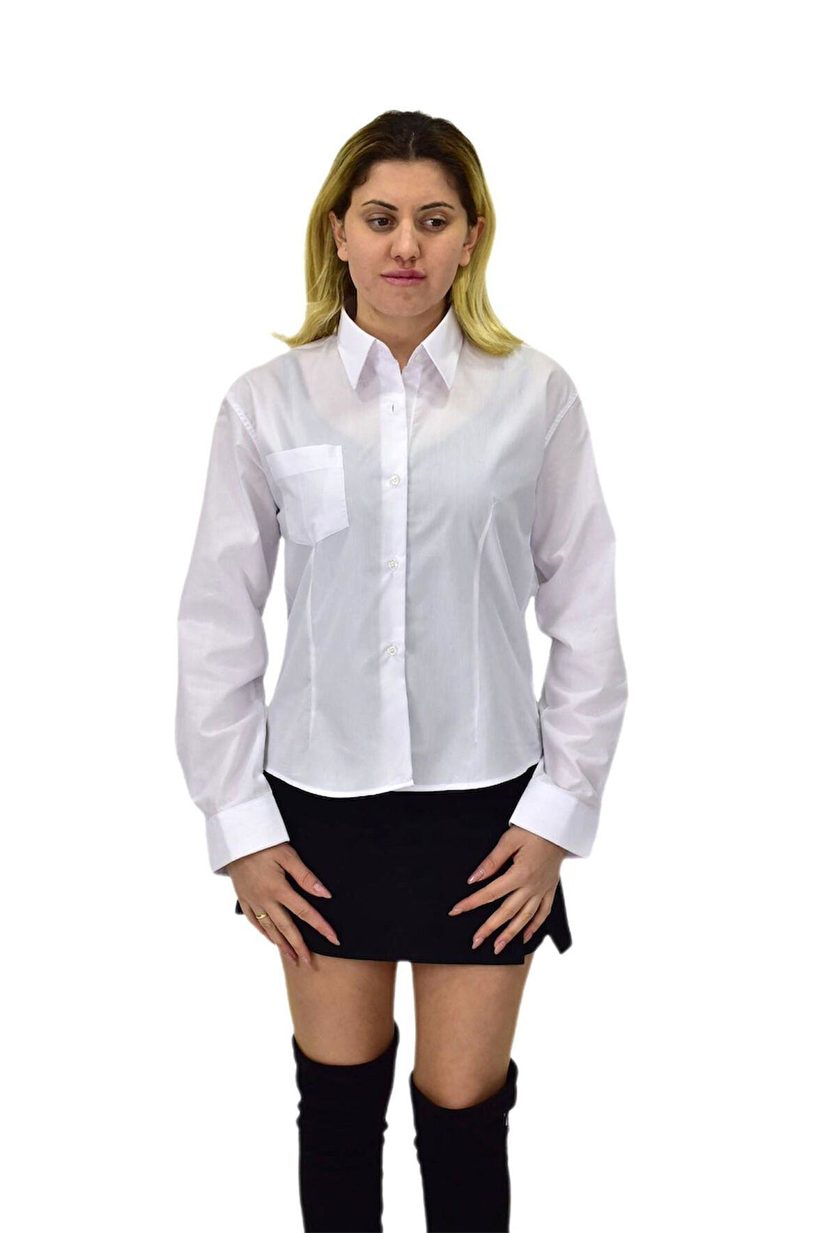 Kadın Beyaz Belden Oturtmalı Silim Fit Gömlek VSRLIS