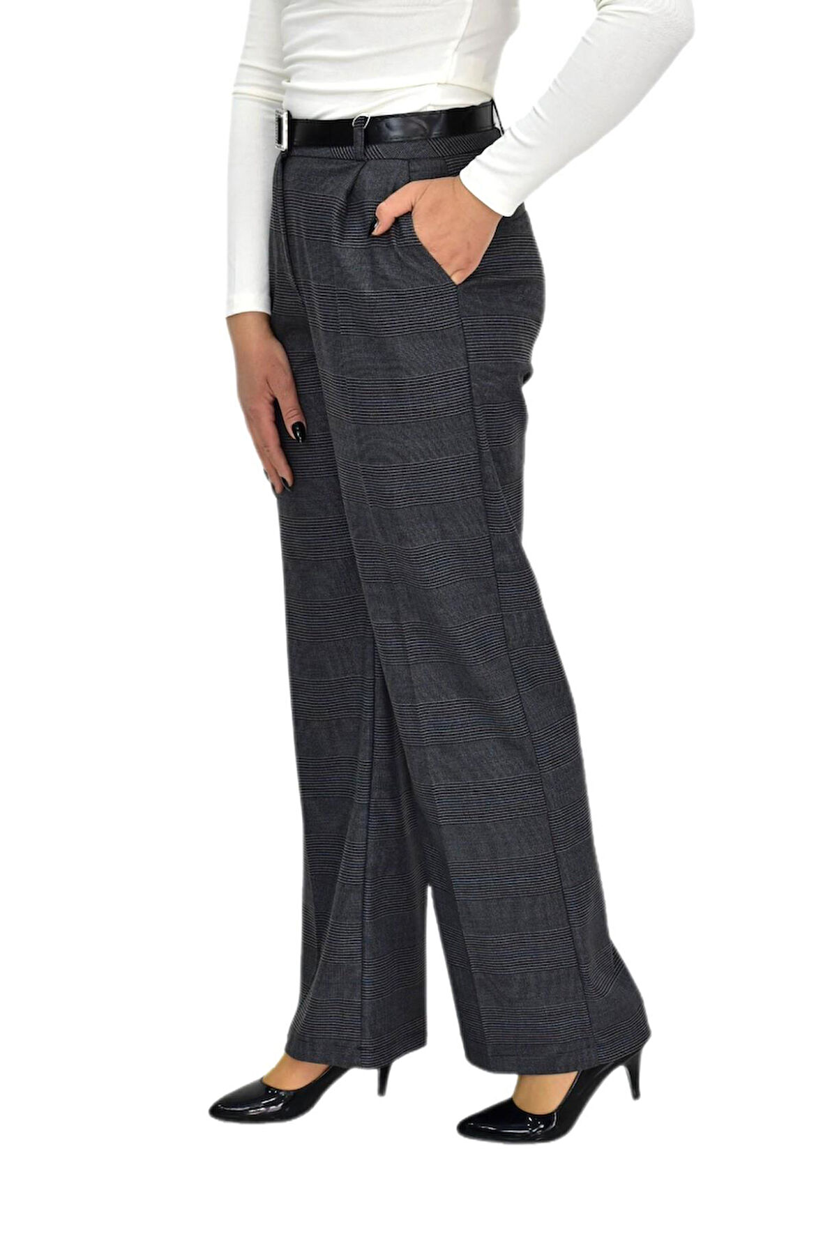 Kadın Ekose Pileli Bol Kumaş Pantolon BGL-ST04233