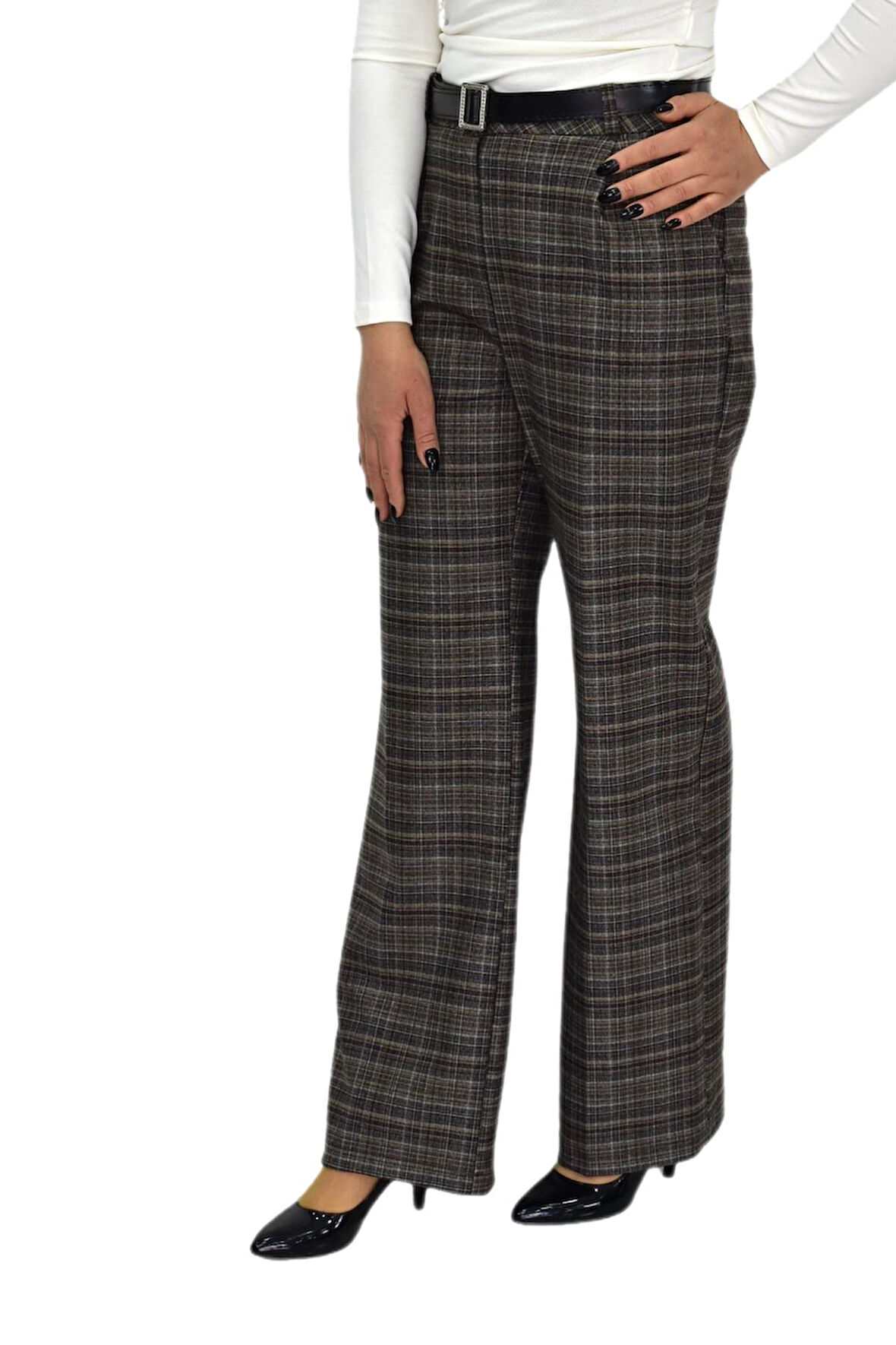 Kadın Ekose Pileli Bol Kumaş Pantolon BGL-ST04233