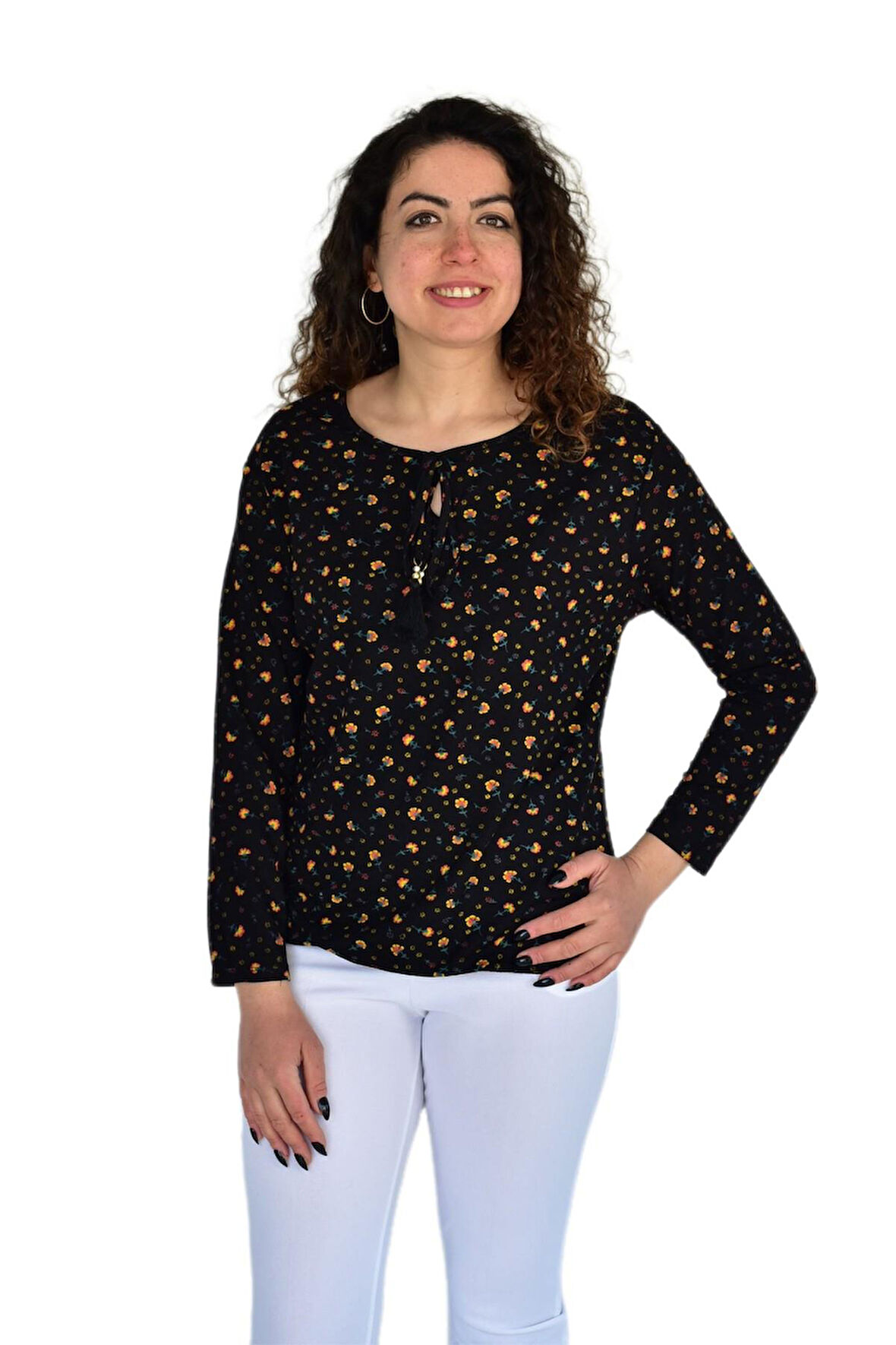 Kadın Yaka Bağlamalı Çiçekli  Viskon Bluz BGL-ST04259