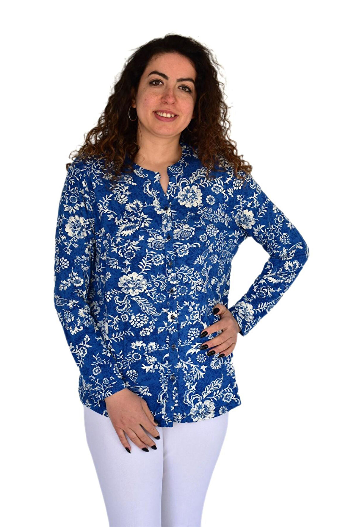 Kadın Çiçek Baskılı Düğmeli Viscon Bluz BGL-ST04268
