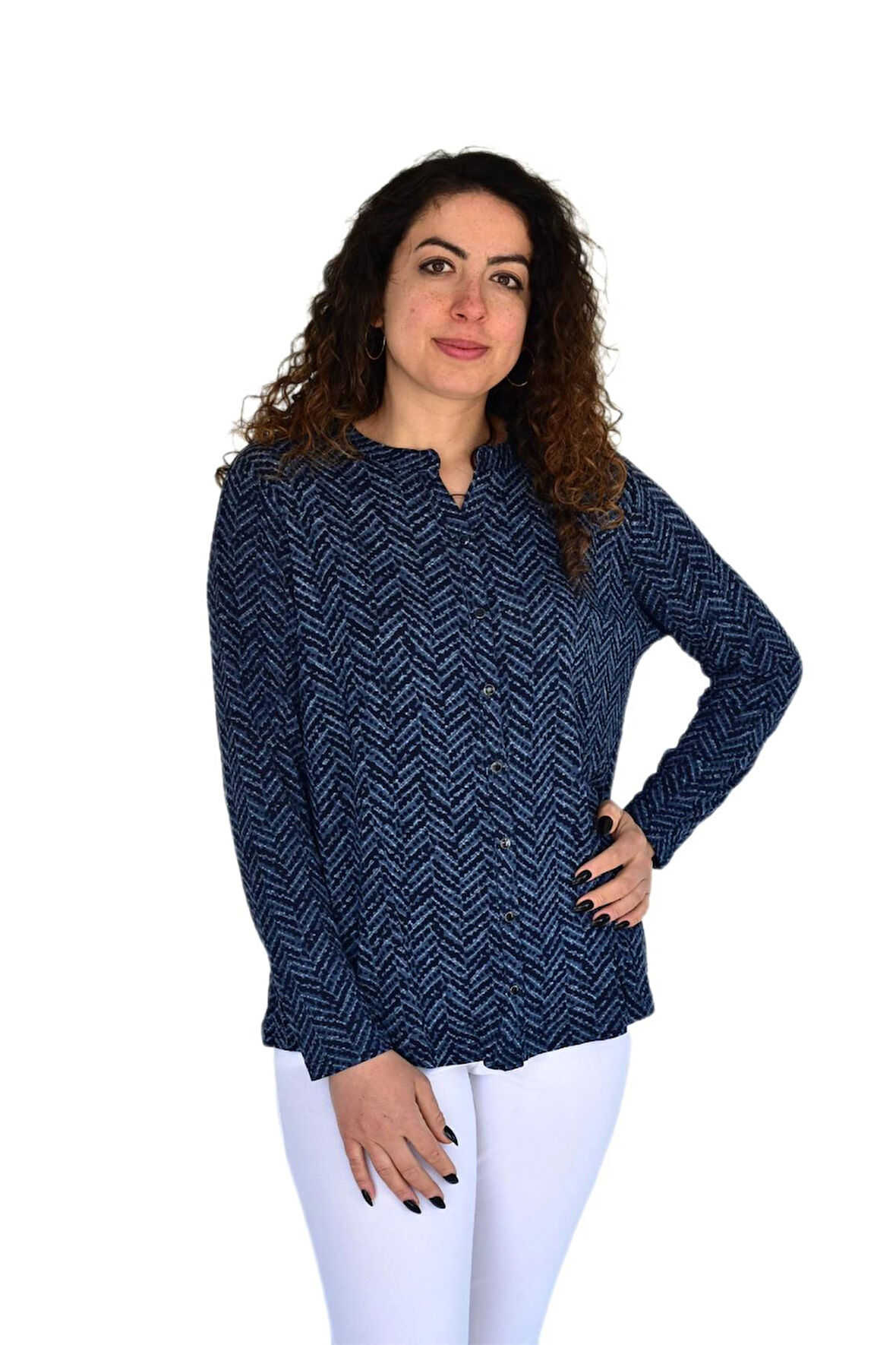 Kadın V Baskılı Düğmeli Viscon Bluz BGL-ST04272