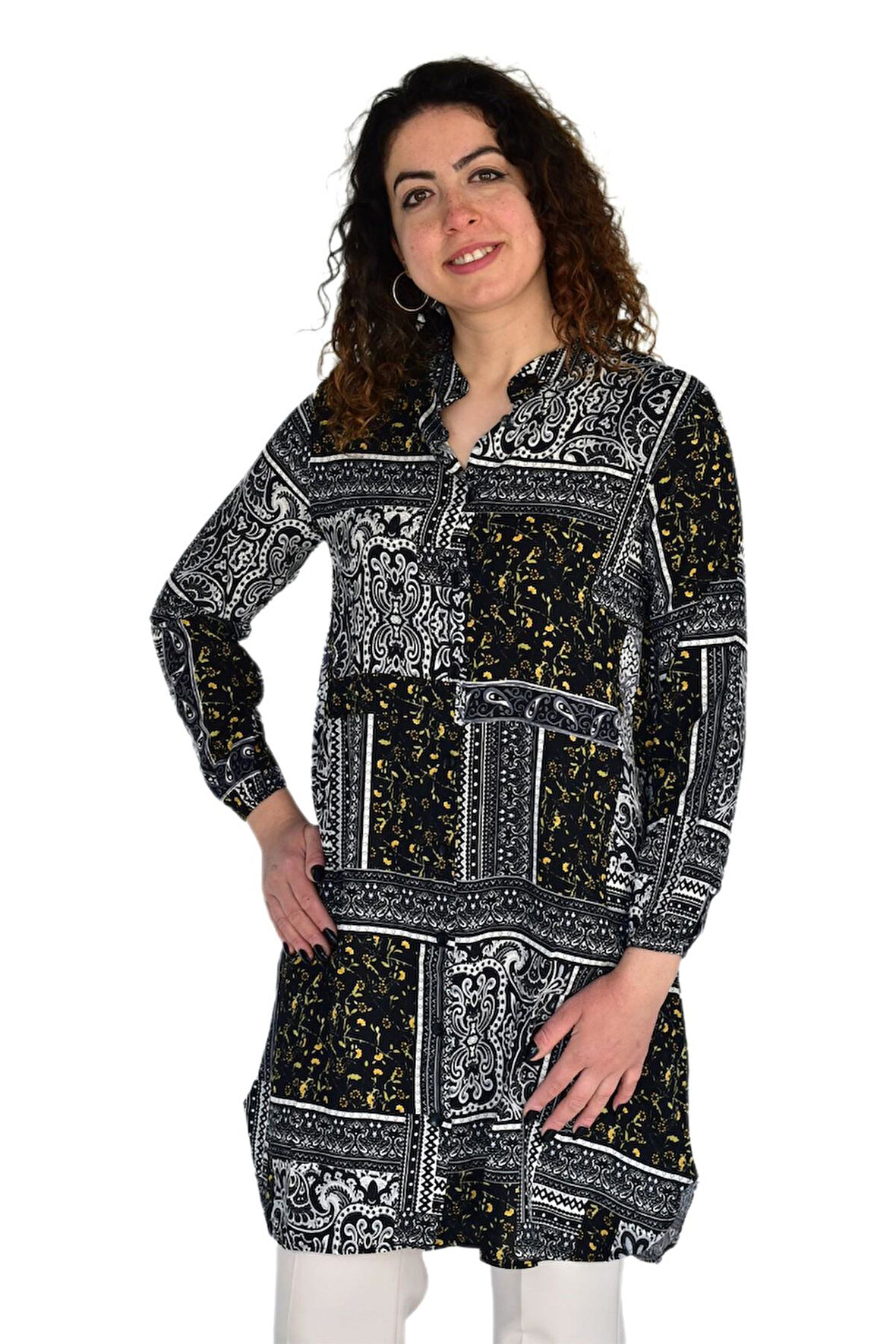 Kadın Uzun Pano Baskılı Desen Viscon Bluz BGL-ST04295