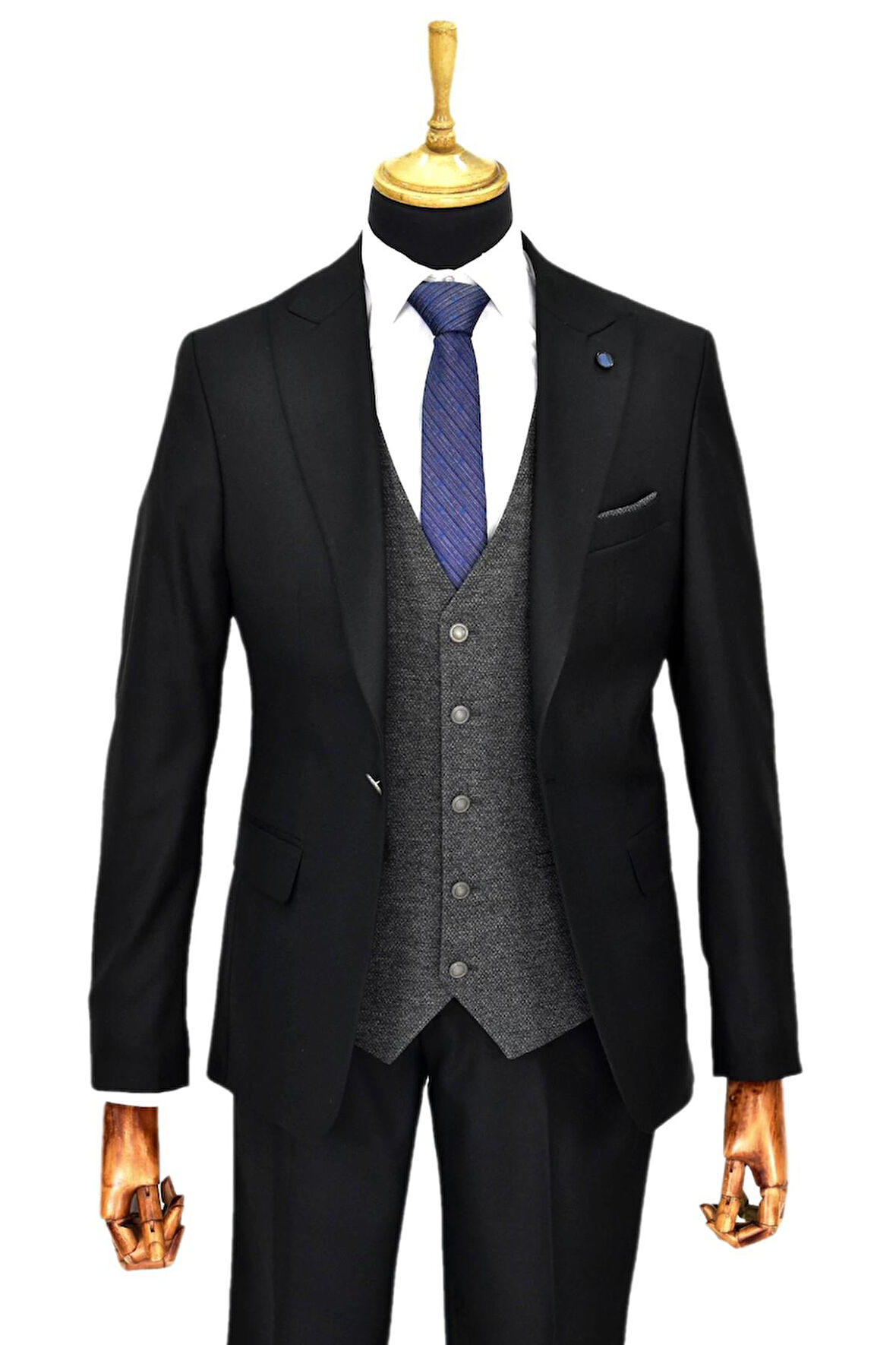 Erkek Siyah Çift Yırtmaçlı Armürlü Yelek Kombinli 6 Drop BGL-ST04478