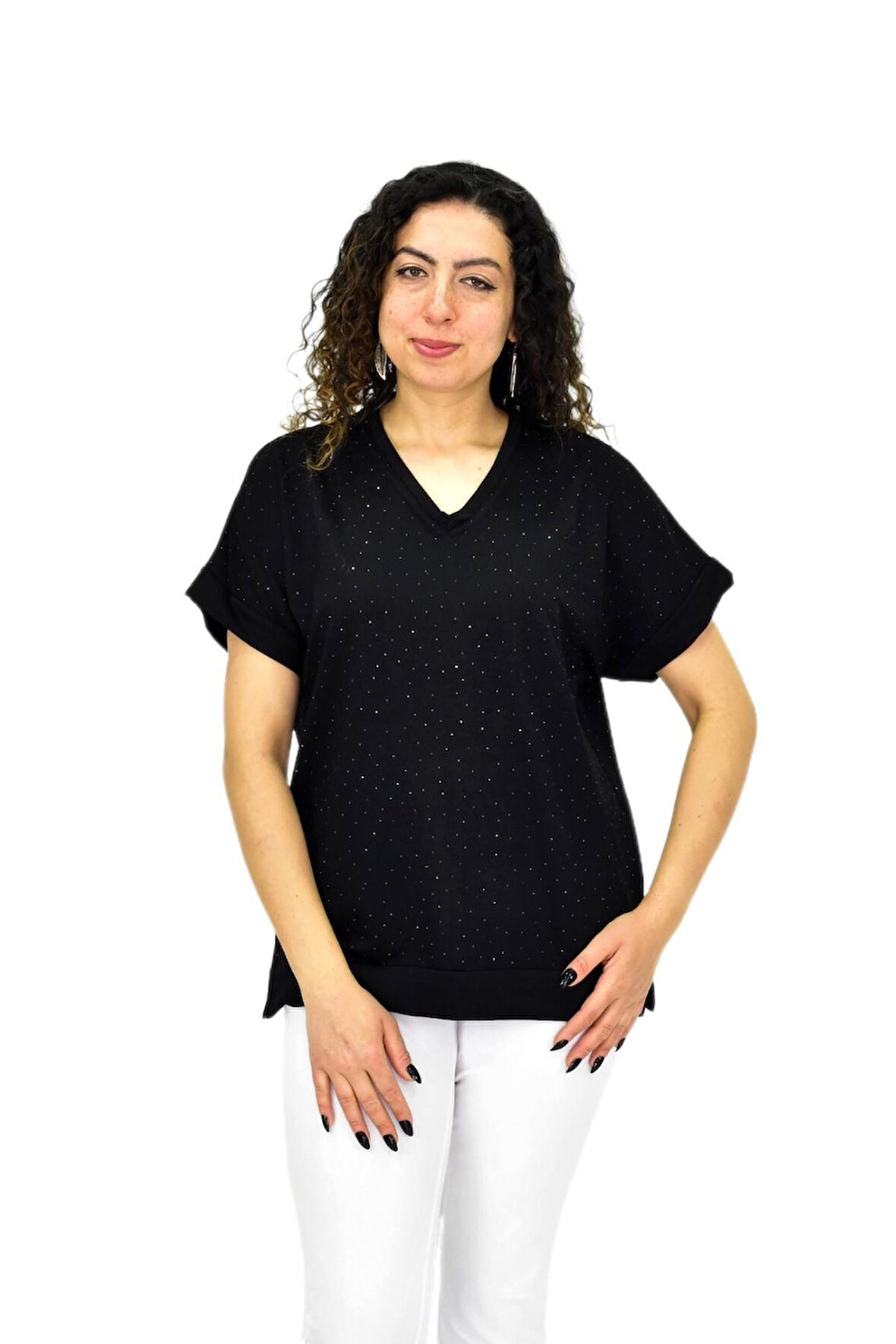 Kadın Yarım Kol V Yaka Taşlı Likralı Tişöt  BGL-ST04653