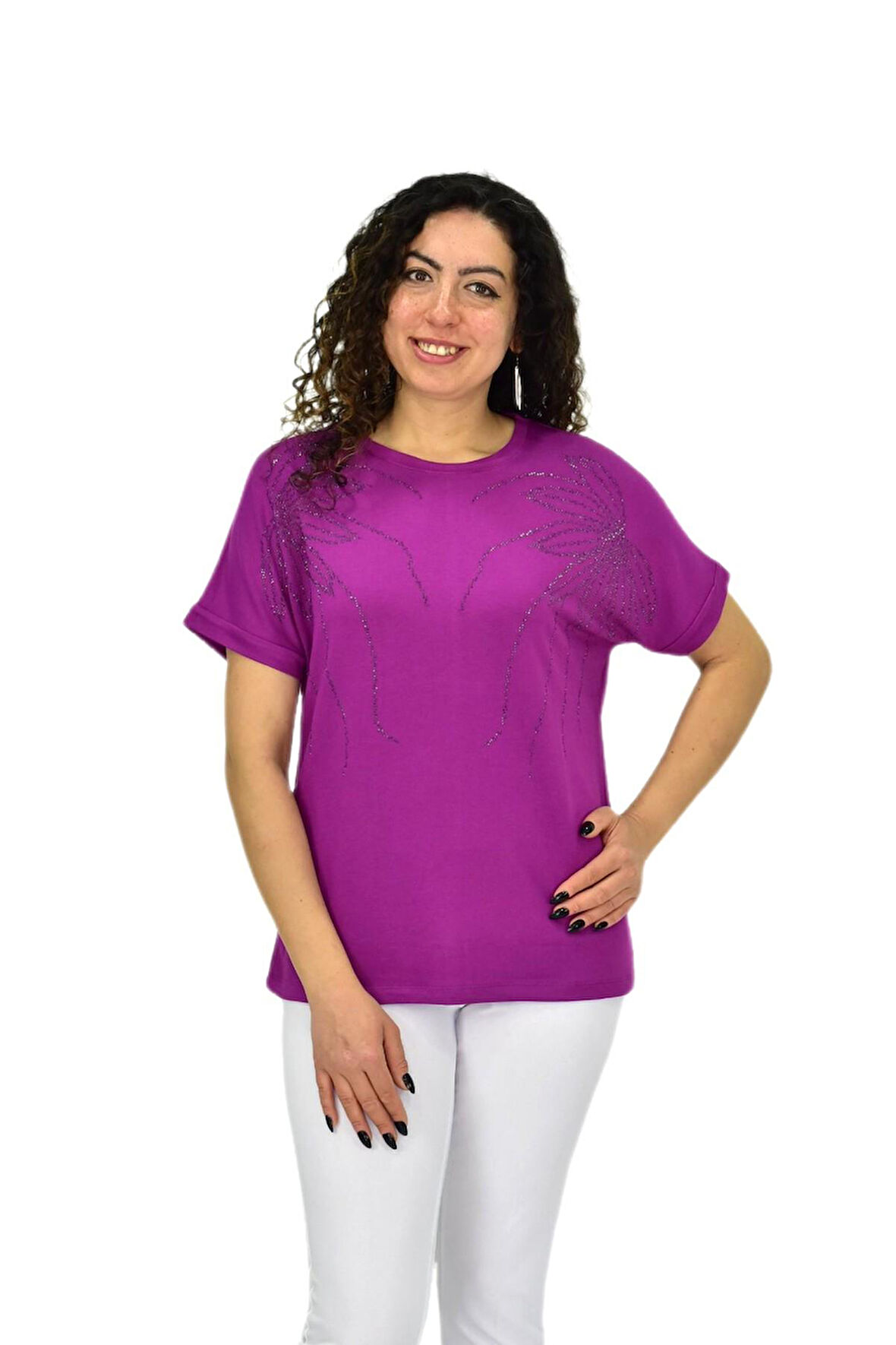 Kadın Yarım Kol Sıfıryaka Taşlı Likralı Tişöt  BGL-ST04655