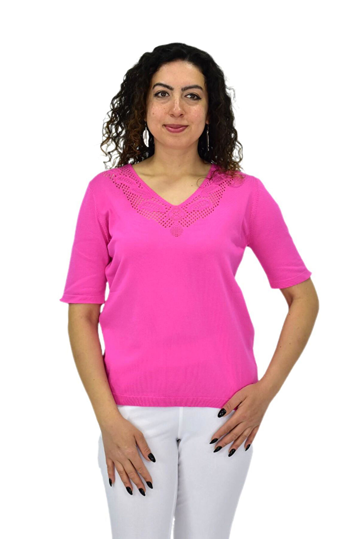 Kadın Yarım Kol V Yaka Yaka Sırt Detaylı Triko Tişöt 12835 BGL-ST04657