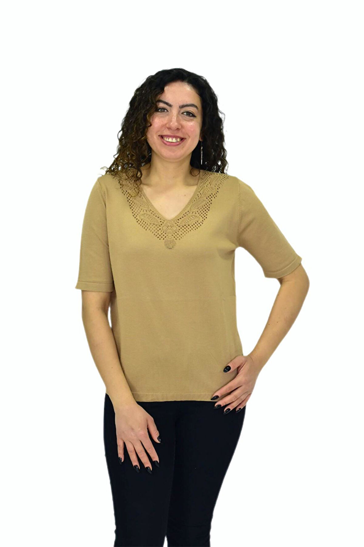 Kadın Yarım Kol V Yaka Yaka Sırt Detaylı Triko Tişöt 12835 BGL-ST04657