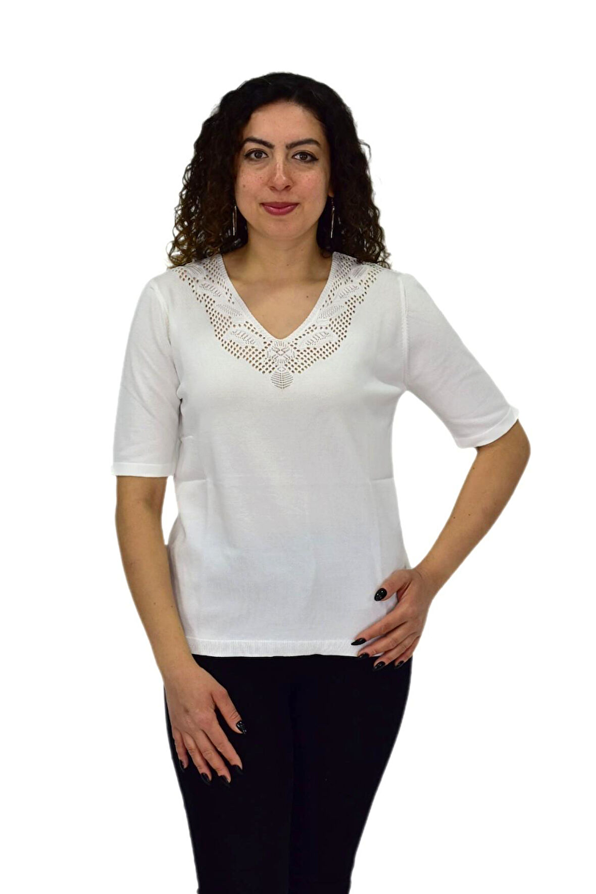Kadın Yarım Kol V Yaka Yaka Sırt Detaylı Triko Tişöt 12837 BGL-ST04658