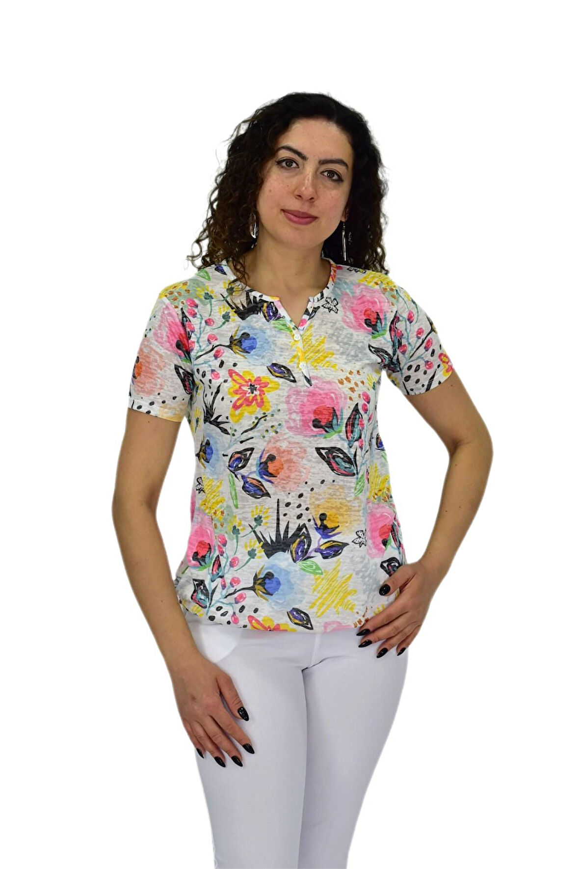 Kadın Kısa Kol Baskılı Bluz BGL-ST04687