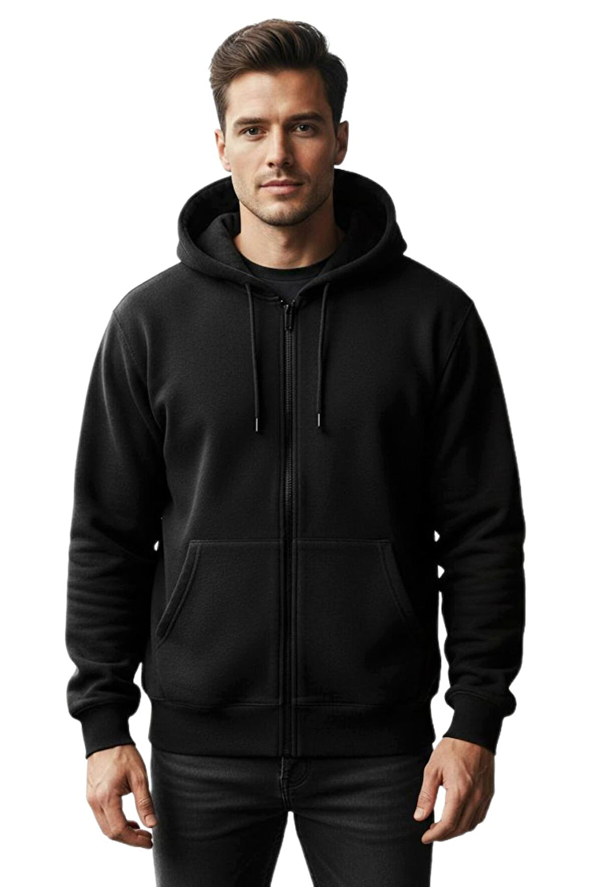 Erkek Kapüşonlu Fermuarlı Siyah Sweatshirt 3 İplik BGL-ST04791