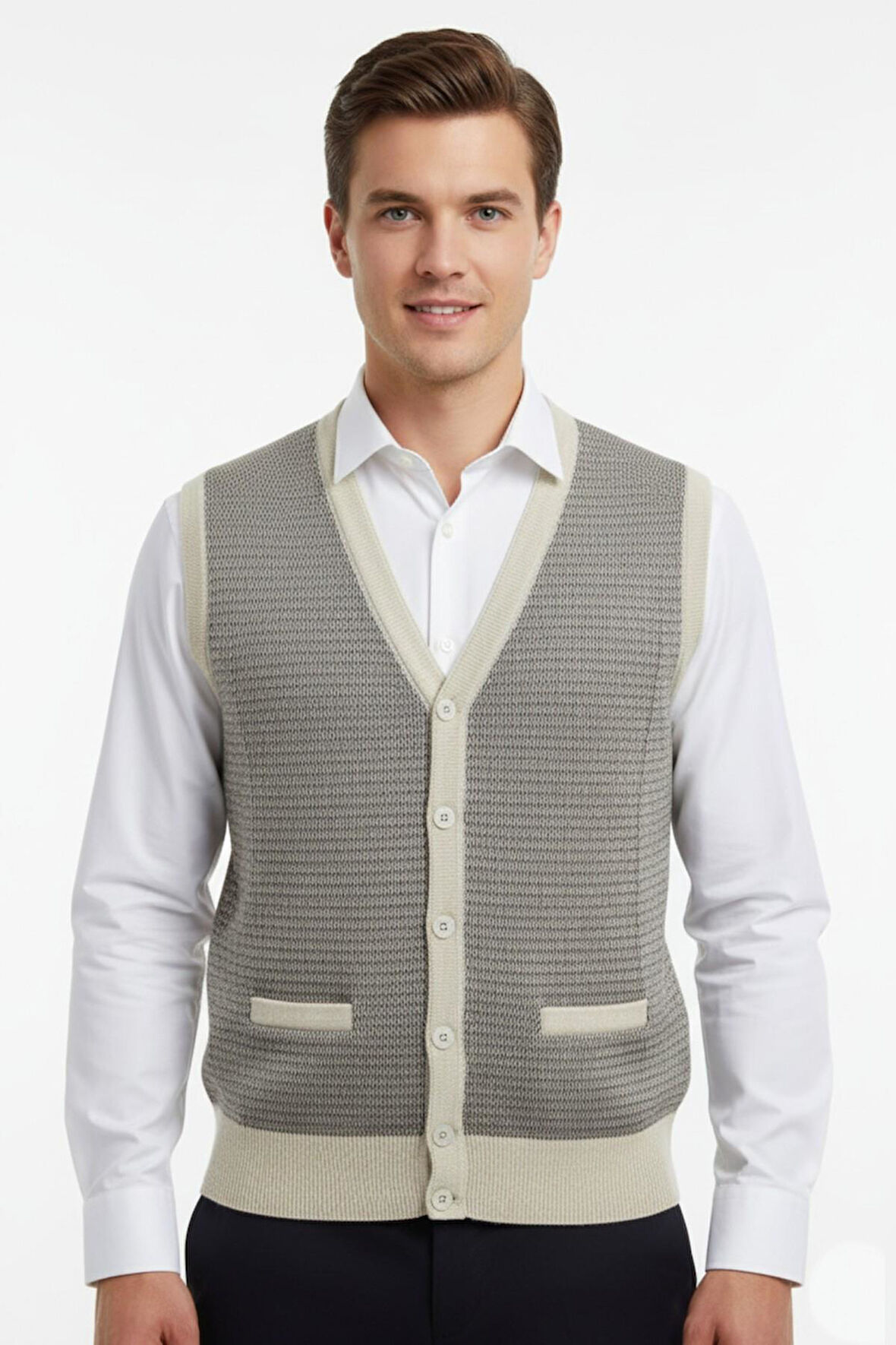 Erkek Düğmeli Yelek Cepli Çelik Örgü Klasik Kalıp BGL-ST04835