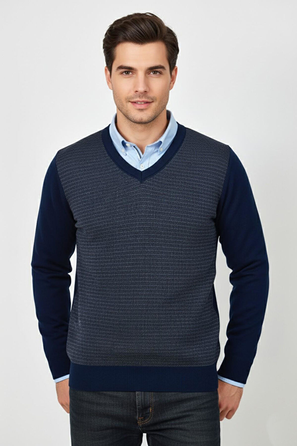 Erkek V Yaka Triko Kazak Çelik Örgü Regular Kalıp BGL-ST04838