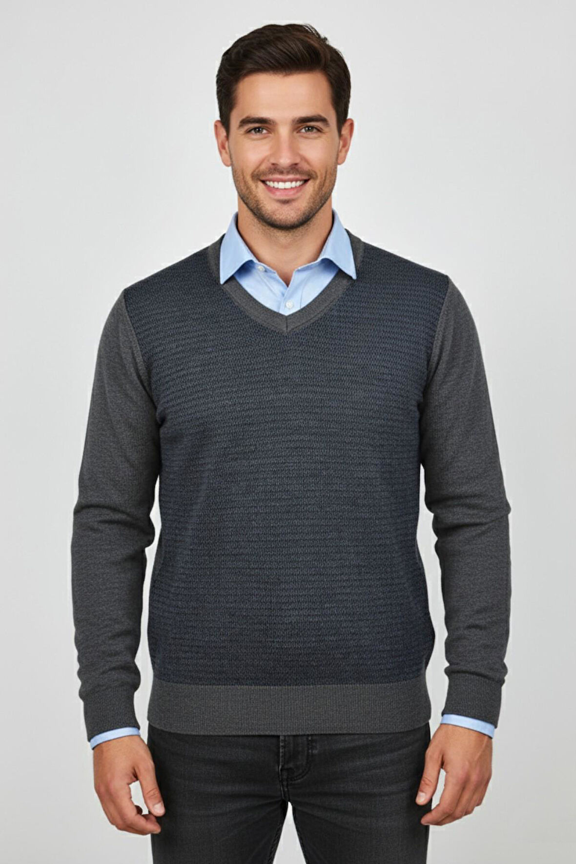 Erkek V Yaka Triko Kazak Çelik Örgü Regular Kalıp BGL-ST04838