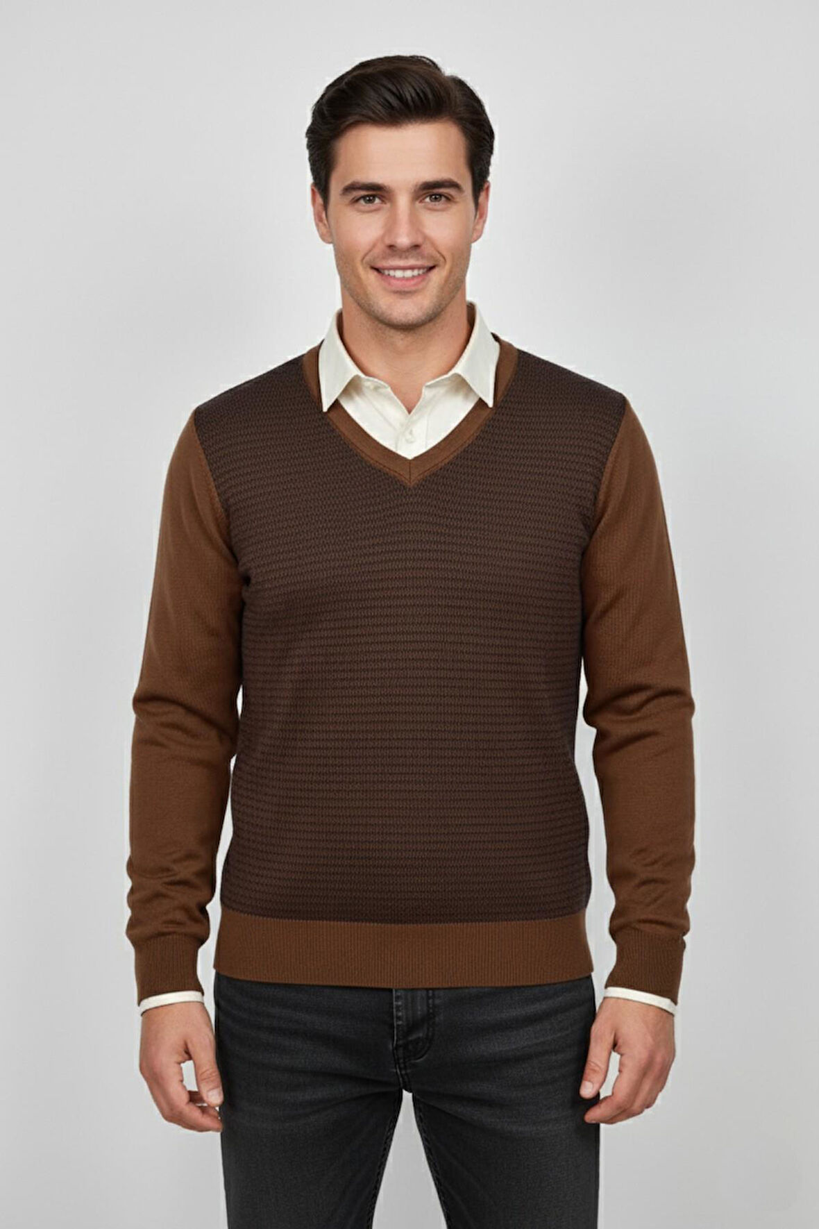 Erkek V Yaka Triko Kazak Çelik Örgü Regular Kalıp BGL-ST04838