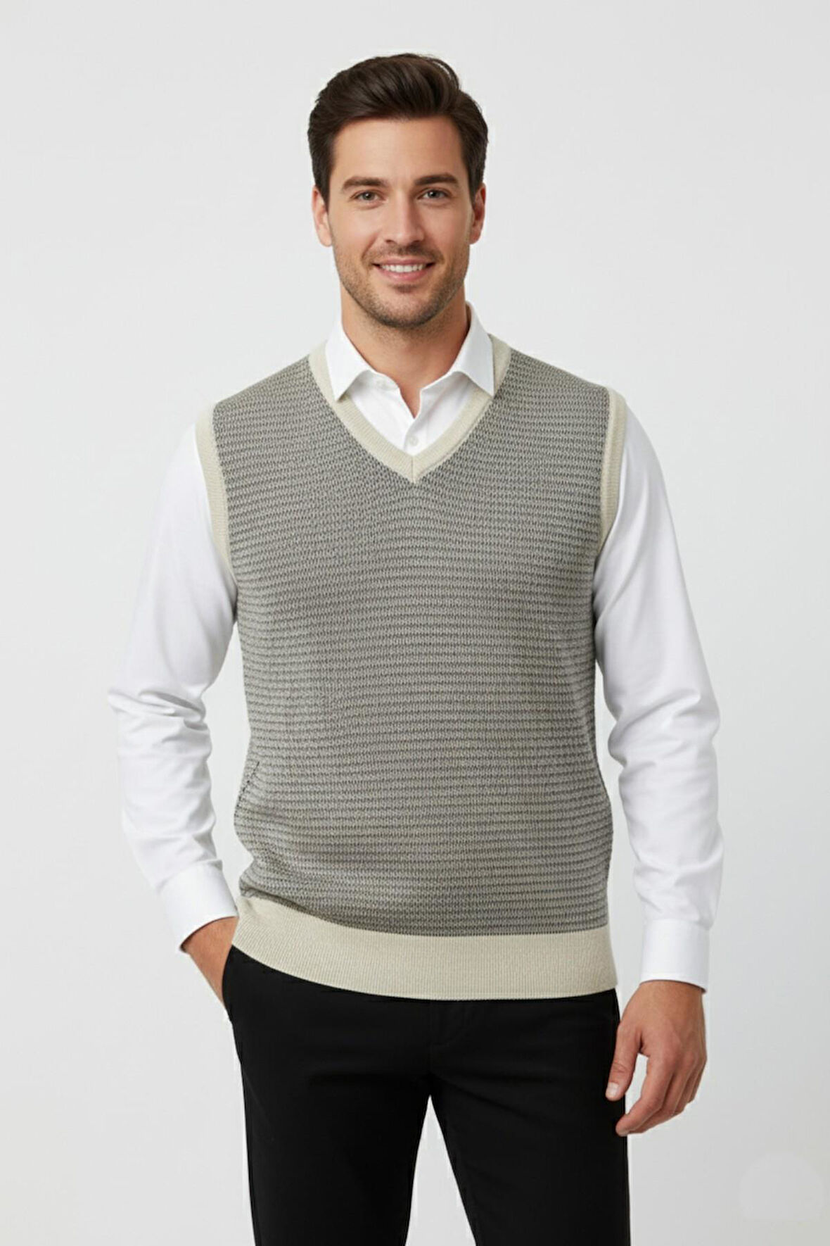 Erkek V Yaka Süveter  Çelik Örgü Regular Kalıp BGL-ST04840