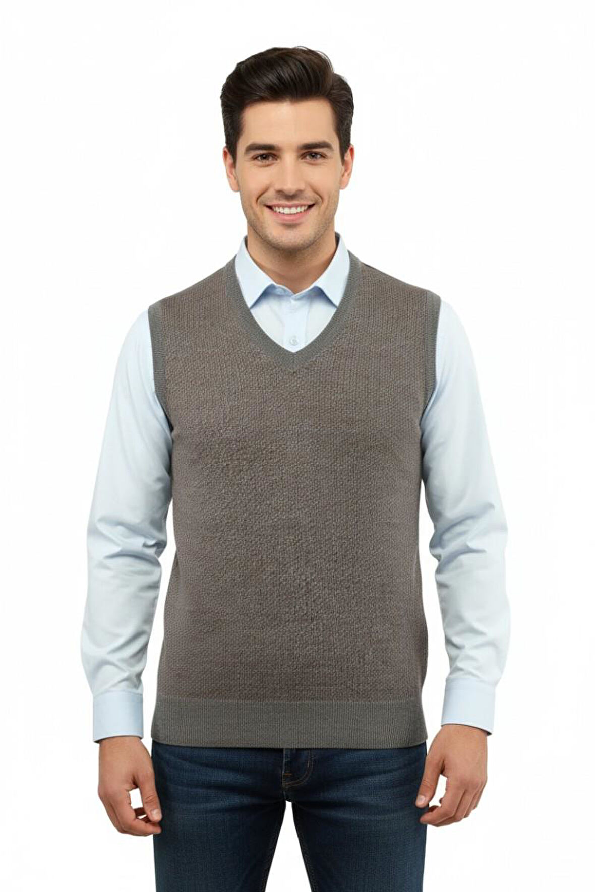 Erkek V Yaka Süveter Çelik Örgü Regular Kalıp 5206H BGL-ST04841