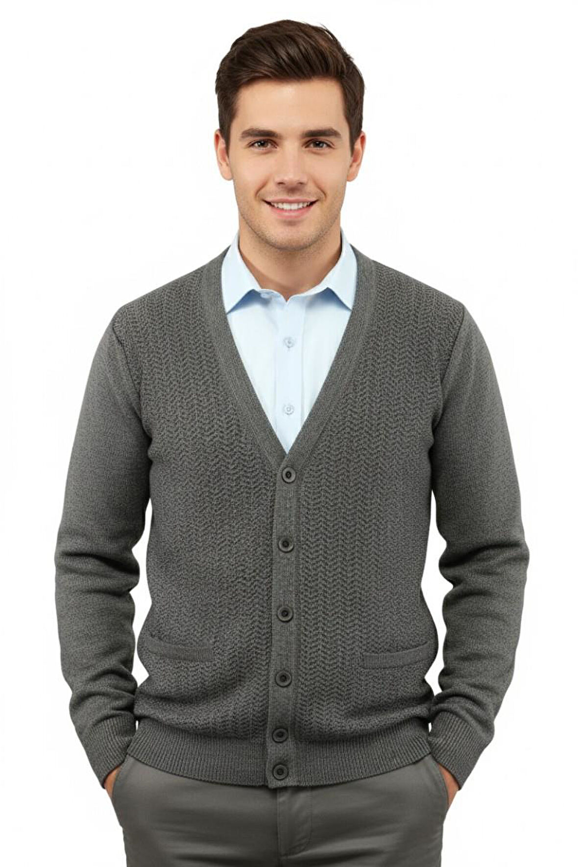 Erkek Düğmeli Hırka Cepli Çelik Örgü Klasik Kalıp 5212M BGL-ST04848