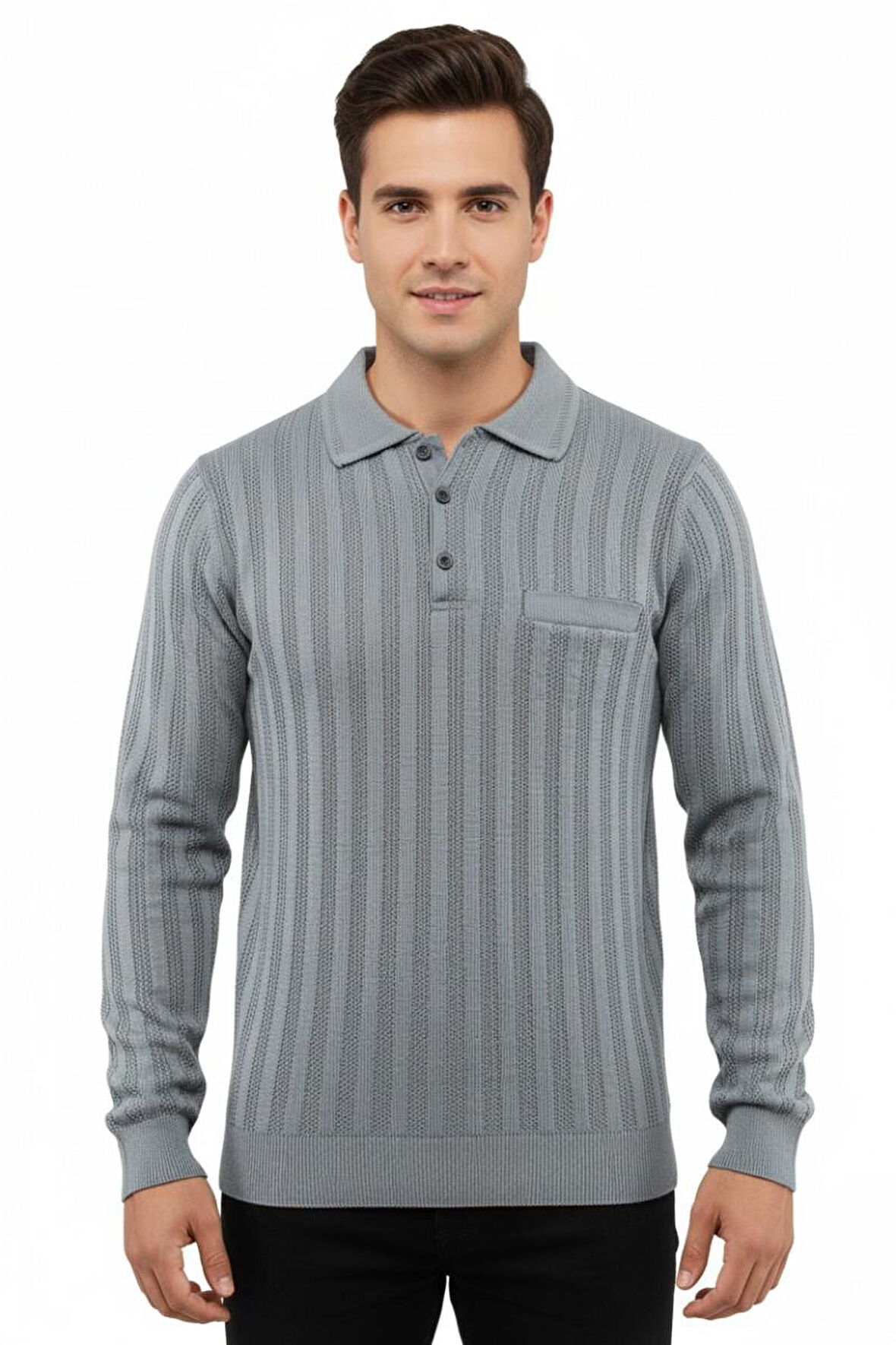 Erkek Polo Yaka Kazak Cepli Çelik Örgü Klasik Kalıp 5203F BGL-ST04851