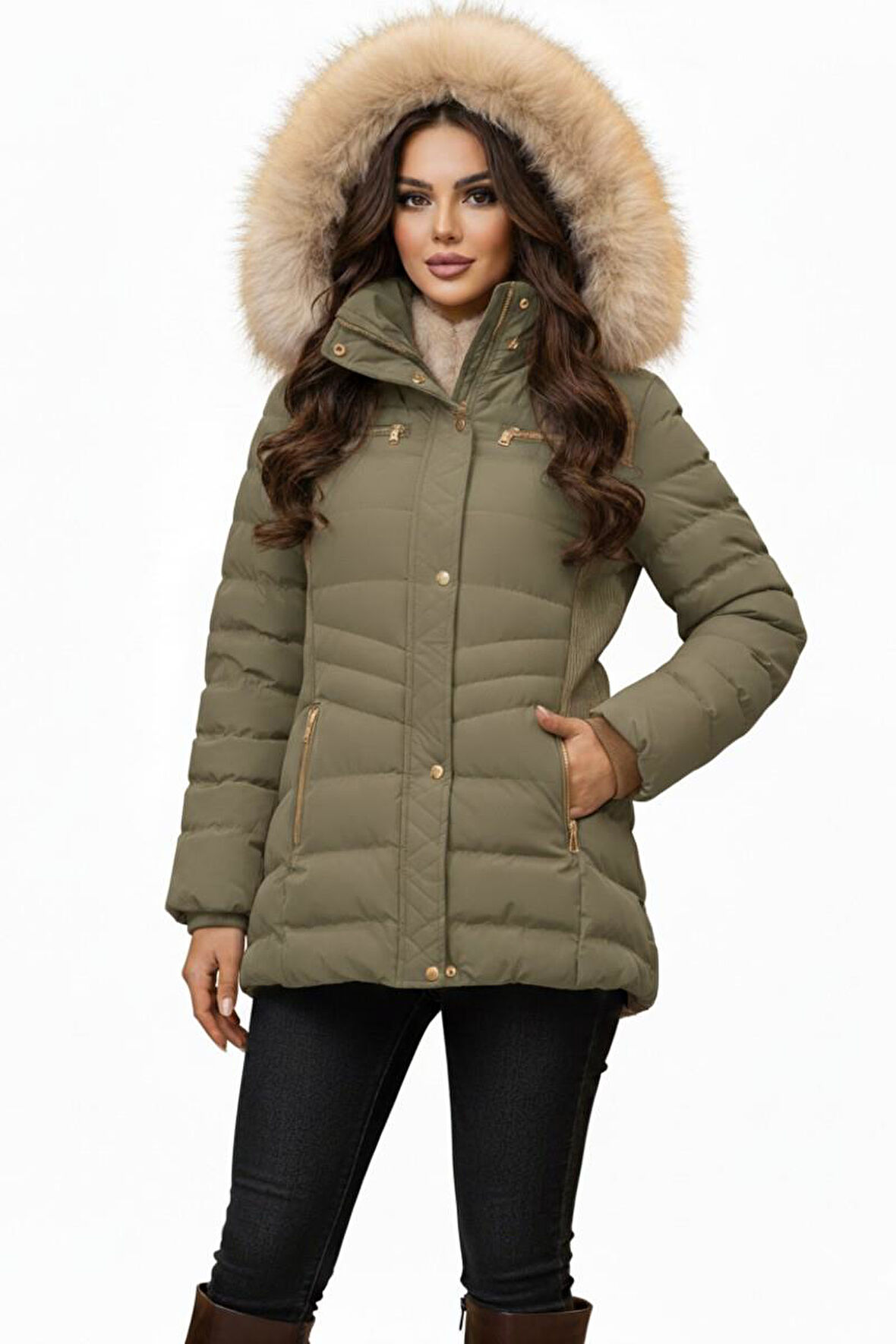 Kadın Spor Kapüşonlu İçi Peluş Mont  M5306 BGL-ST04891