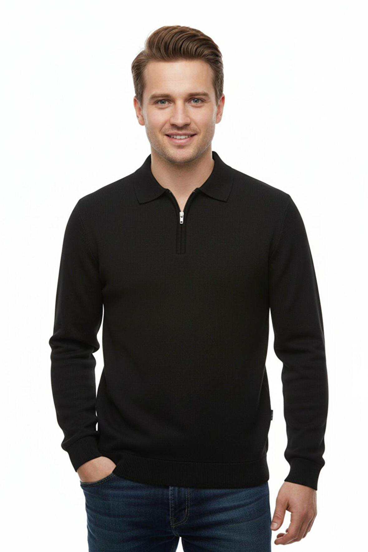 Erkek Polo Yaka Fermuarlı Triko Kazak Regular Fit  7001 BGL-ST04921