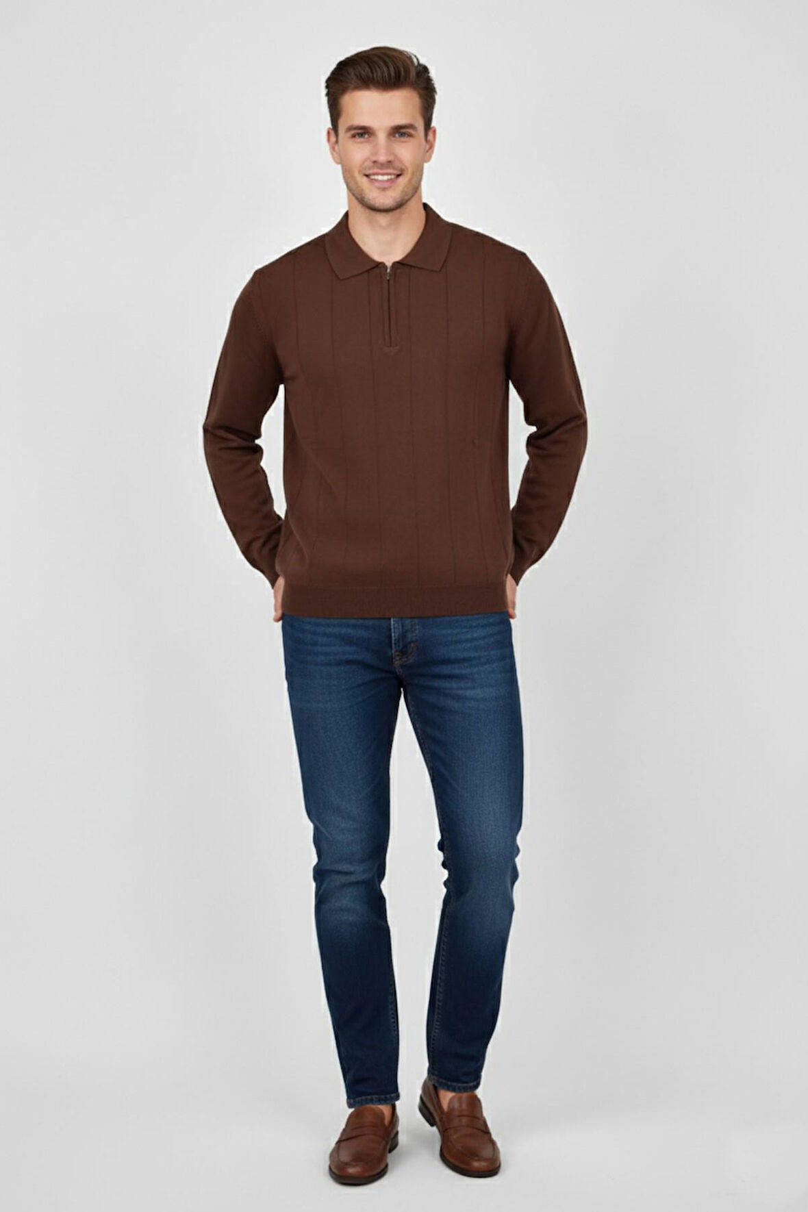 Erkek Polo Yaka Fermuarlı Triko Kazak Regular Fit  7019 BGL-ST04922