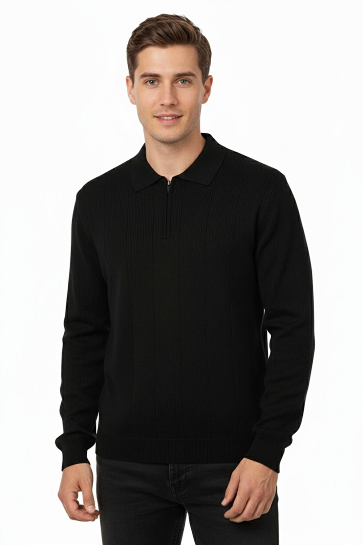 Erkek Polo Yaka Fermuarlı Triko Kazak Regular Fit  7019 BGL-ST04922