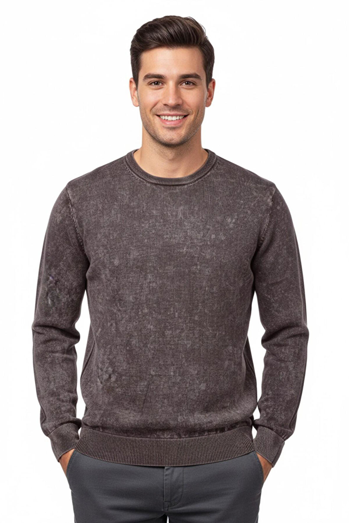 Erkek Spor Sıfır Yaka Taşlama Yıkamalı Regular Fit Kazak BGL-ST04952