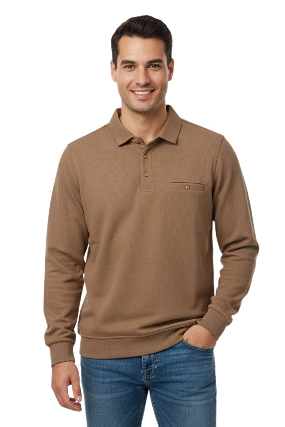 Erkek Gömlek Yaka Petek Doku Cepli Regular Fit Sweatshirt BGL-ST04956