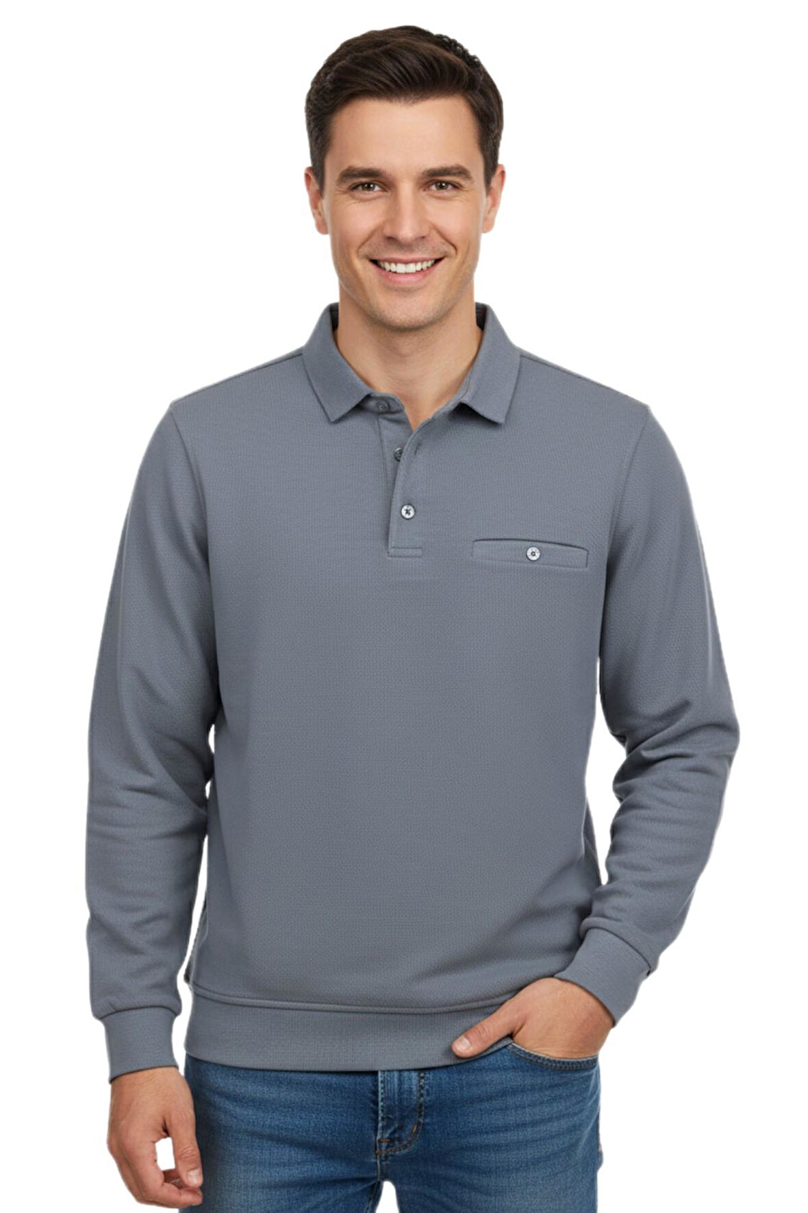 Erkek Gömlek Yaka Petek Doku Cepli Regular Fit Sweatshirt BGL-ST04956