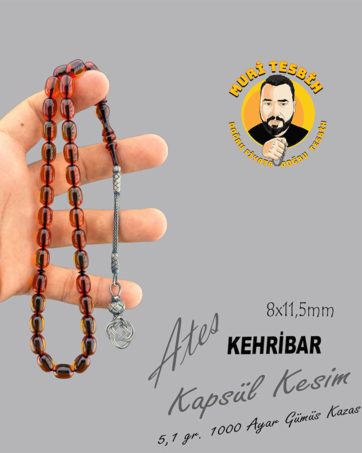 MURİ TESBİH 5,1 GR 1000 AYAR GÜMÜŞ KAZAS ATEŞ KEHRİBAR KAPSÜL KESİM 8X11,50