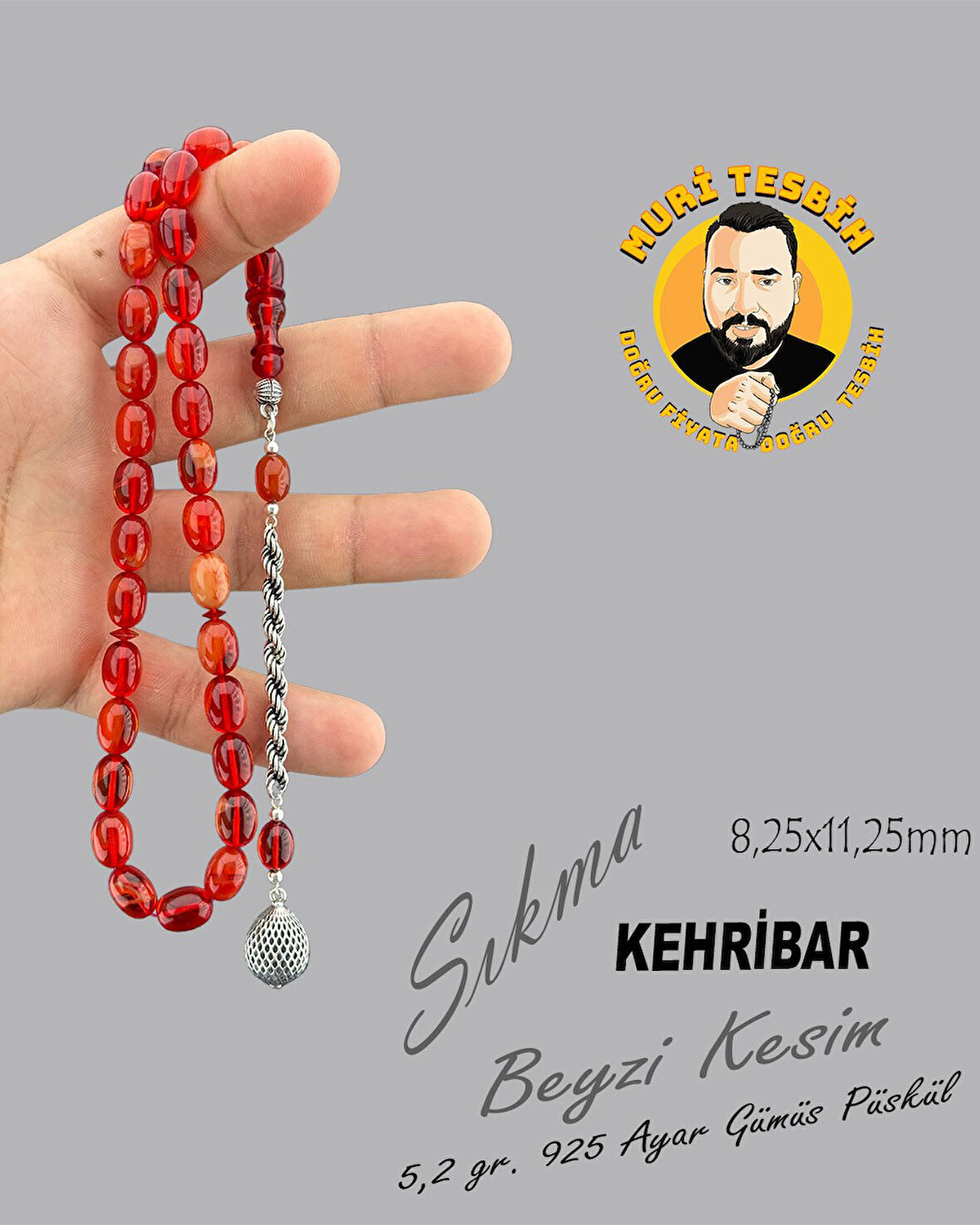 5,2 GR 925 AYAR GÜMÜŞ PÜSKÜL ALİ ALBAYRAK SIKMA KEHRİBAR BEYZİ KESİM 8,25X11,25