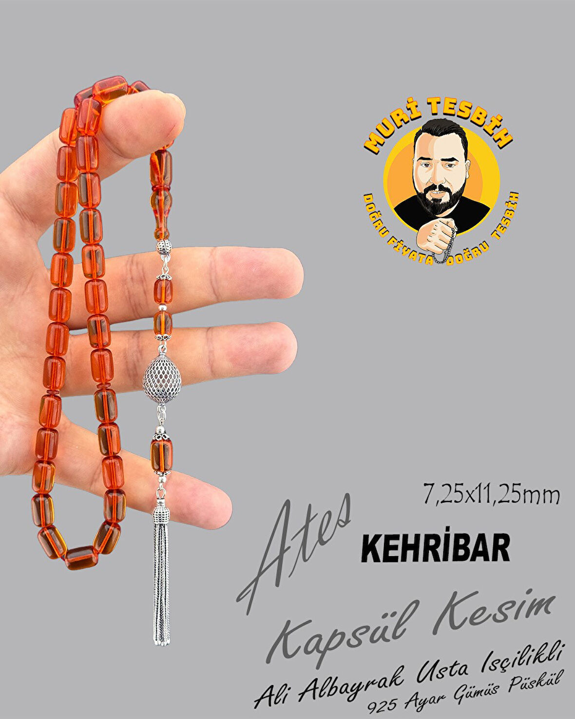 6,6 GR 925 AYAR GÜMÜŞ PÜSKÜL ALİ ALBAYRAK ATEŞ KEHRİBAR KAPSÜL KESİM 7,25X11,25