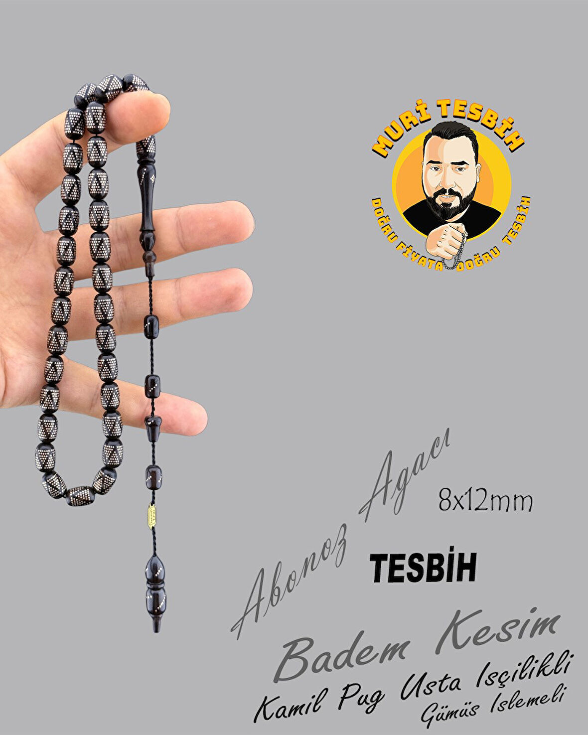 1000 AYAR İŞLEMELİ KAMİL PUĞ  ABANOZ AĞACI TESBİH BADEM KESİM 8X12mm