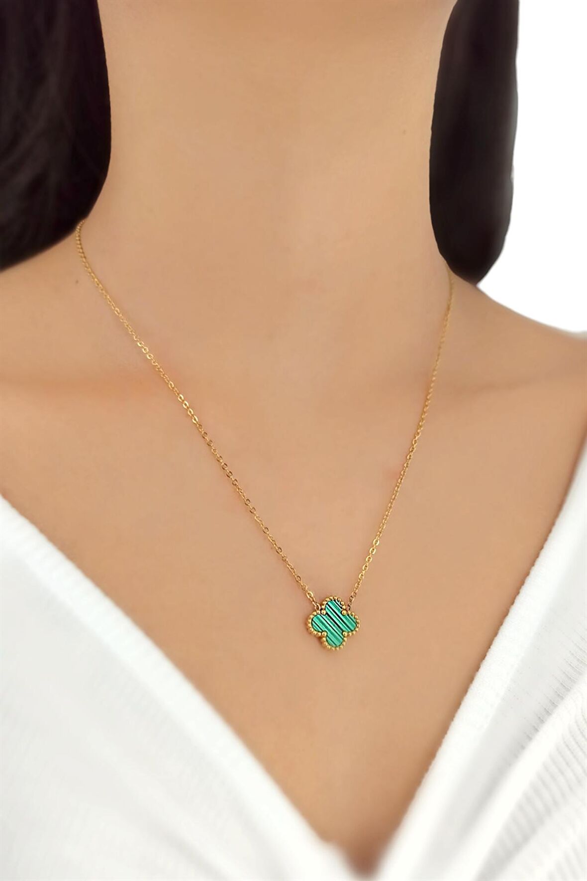 Çelik Çift Taraflı Tek Yoncalı Sedef Kolye Van Cleef Model Trkolye50340
