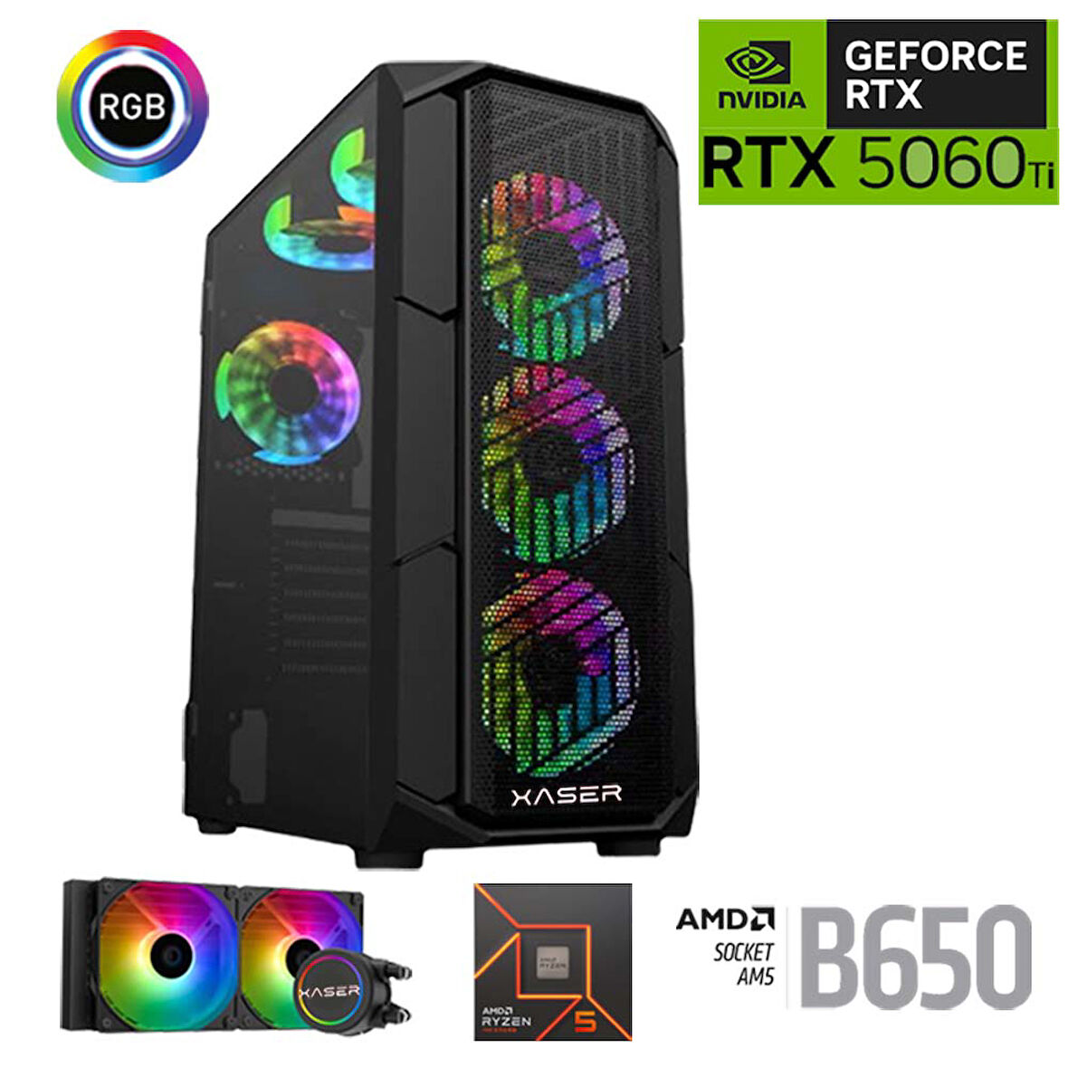Xaser Thunder x710 Ryzen 5 7500F 32GB DDR5 Ram 1TB M.2 NVMe SSD 8GB RTX5060Ti Sıvı Soğutmalı Oyuncu Bilgisayarı