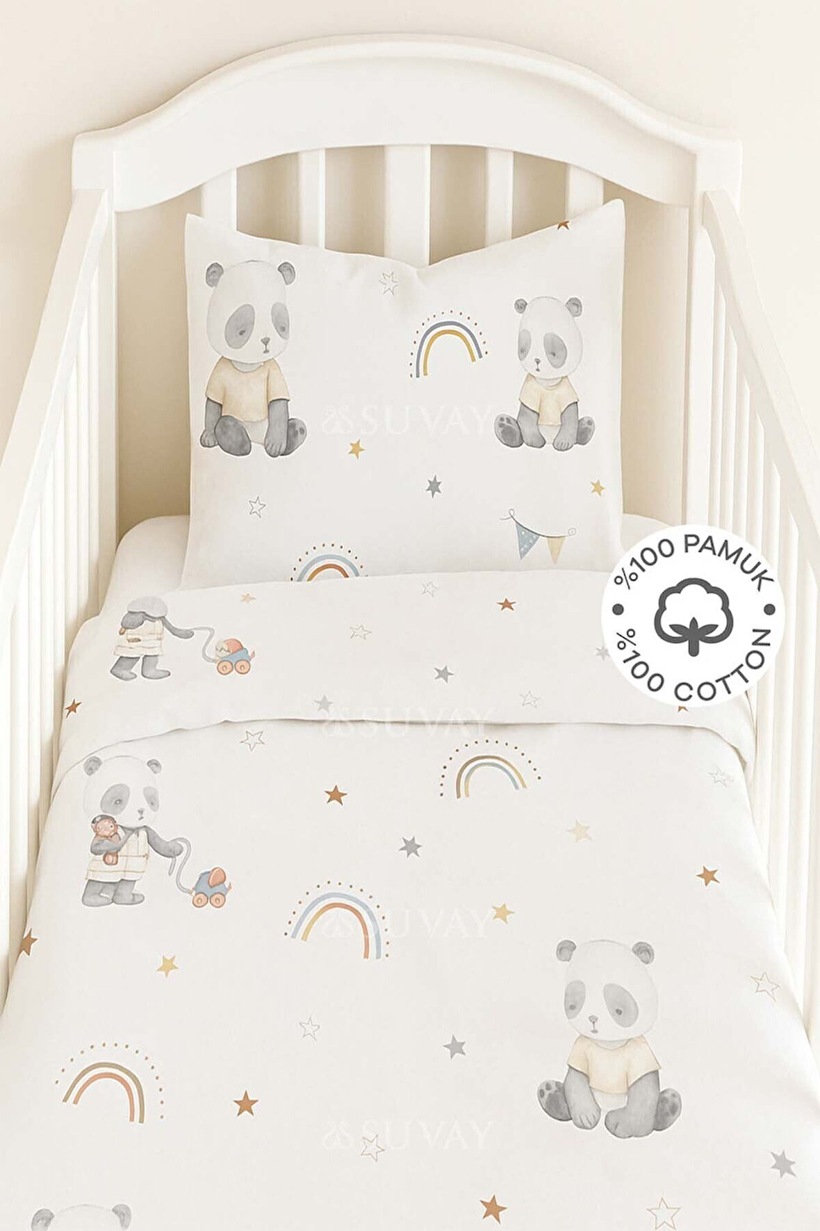 %100 Pamuk Bebek Nevresim Takımı 100x150 | Gökkuşağı ve Panda Desenli