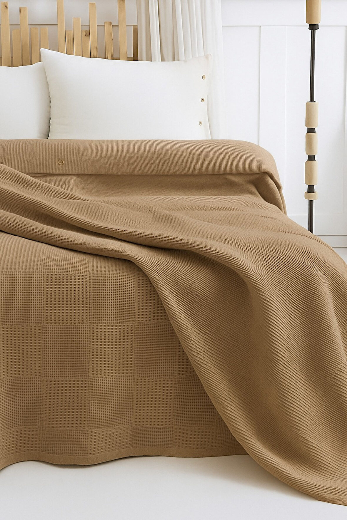 %100 Pamuklu Çift Kişilik Yatak Örtüsü Pike, Petek Desen Kapuçino Renkli Pike