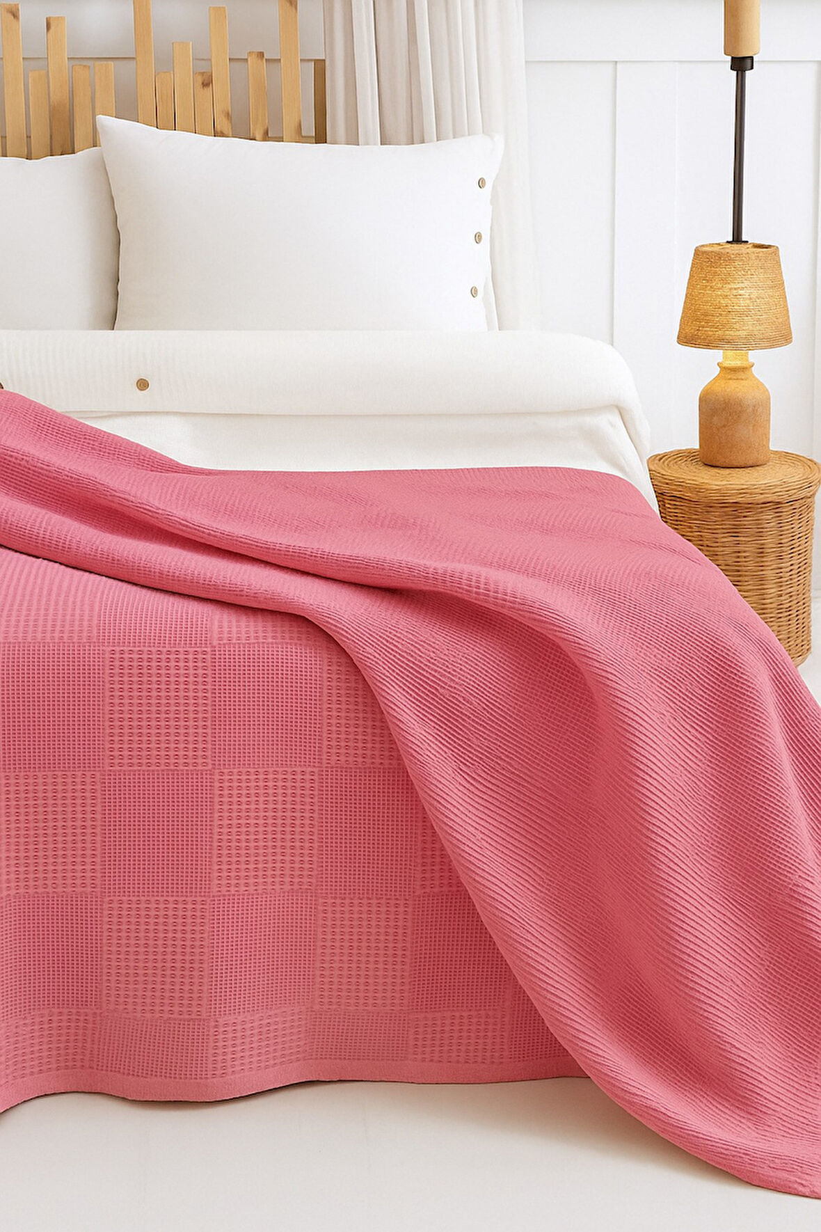 %100 Pamuklu Çift Kişilik Yatak Örtüsü Pike, Petek Desen Narçiçeği Renkli Pike