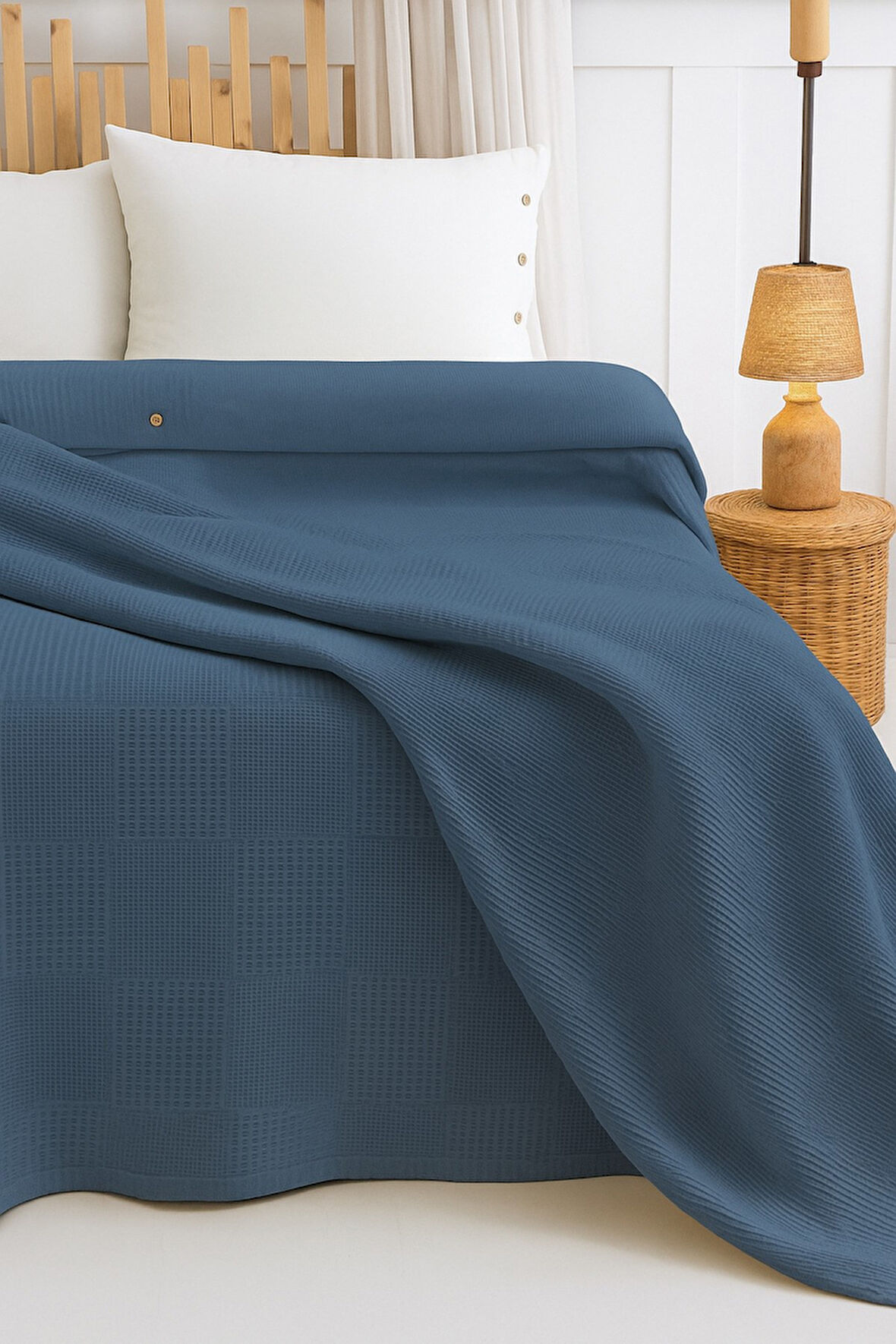 %100 Pamuklu Çift Kişilik Yatak Örtüsü Pike, Petek Desen İndigo Mavi Renkli Pike