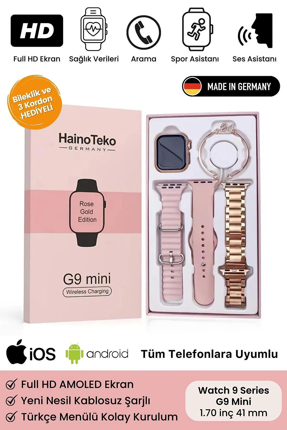 Kadın Akıllı Saat Smart Watch G9 Mini Flamingo Kolye Hediyeli Ios ve Android Uyumlu 38mm 2.2inç