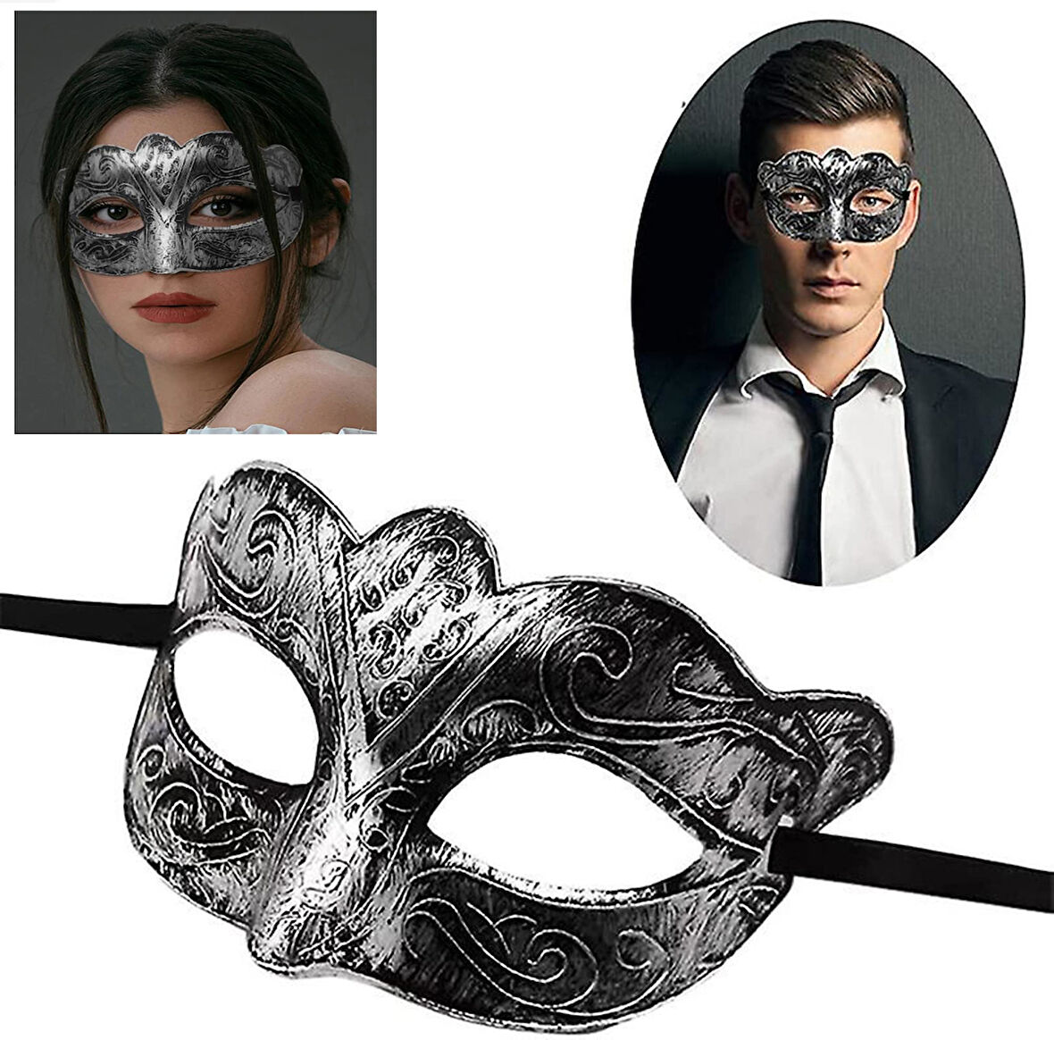 Himarry Maskeli Balo Antik Gri Gümüş Eskitilmiş Maske Balo Venedik