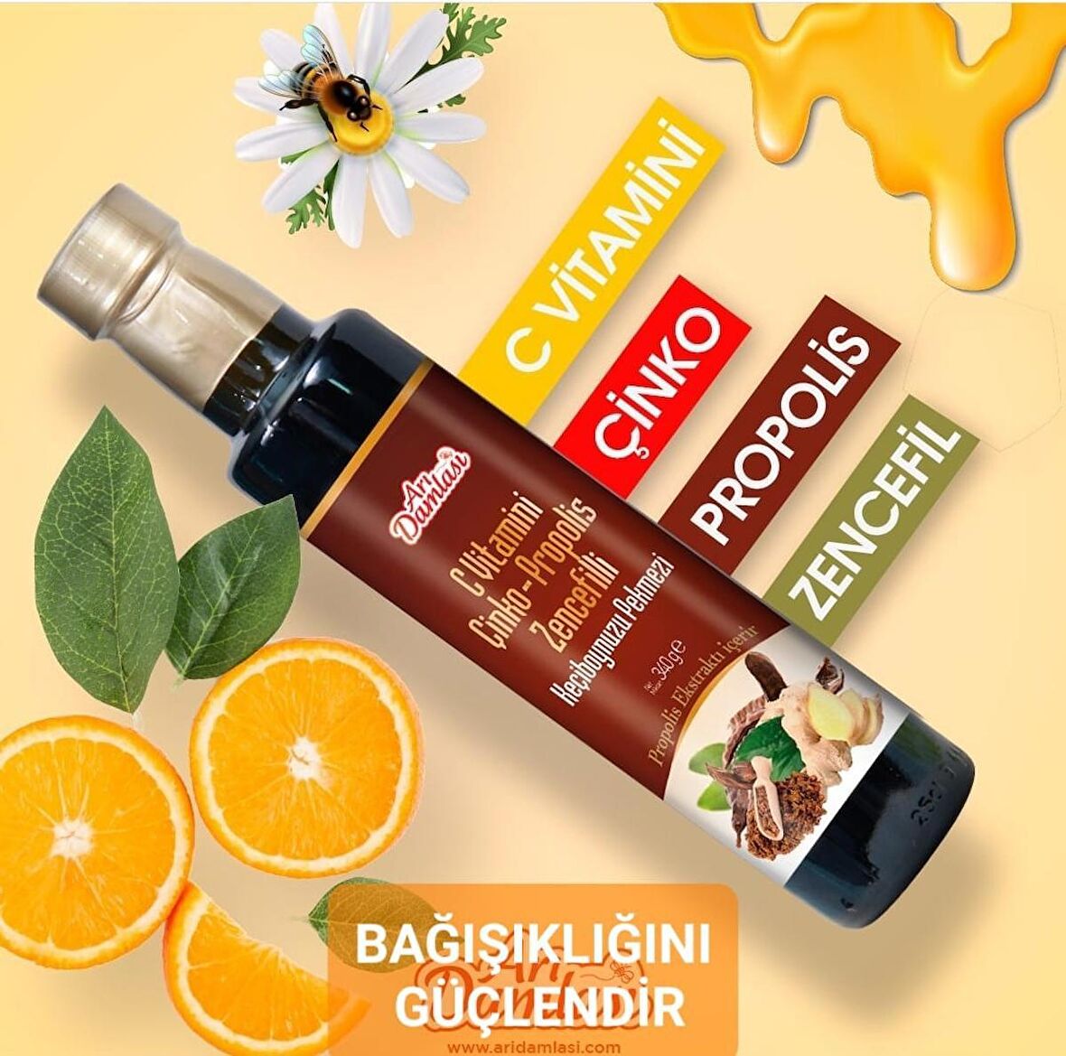 Arı damlası C Vitamini Çinko Propolis Zencefilli Keçiboynuzu Pekmezi 340 Gr