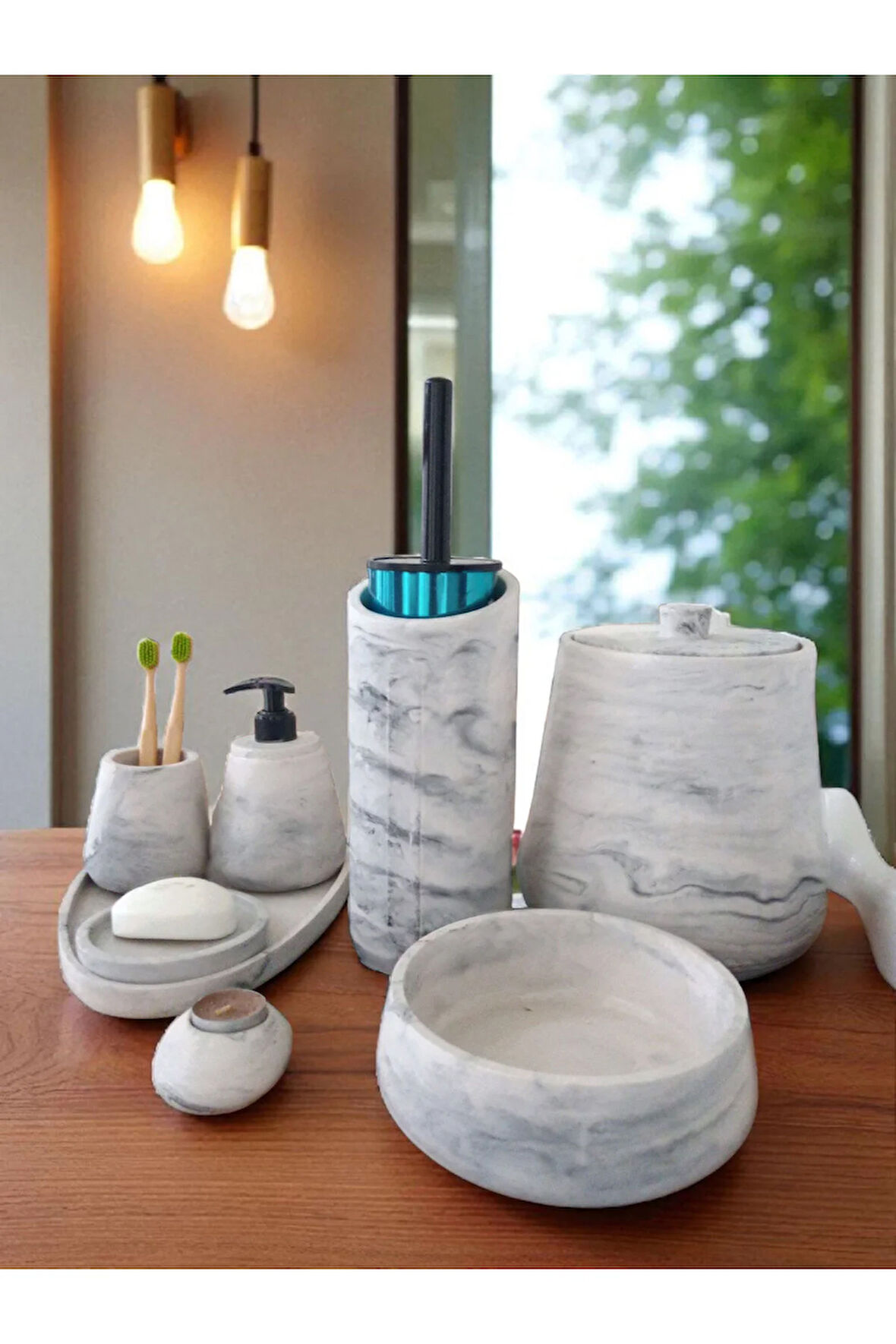 Mermer Desen Beton Banyo Seti,Tuvalet WC,Çöp Kovası,Katı,Sıvı Sabunluk,Tepsi,Dekorasyon,Aksesuar