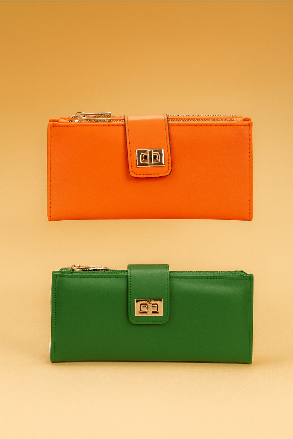 2'li Cüzdan Paketi Kadın Bilek Askılı Kağıt Bozuk Para ve Kartlık Bölmeli Turuncu ve Yeşil Cüzdan
