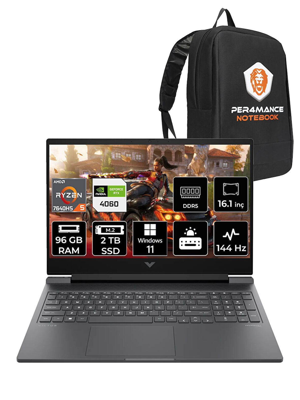 HP Victus 16 R5 7640HS 96GB RAM 2TB SSD RTX4060/8GB 144Hz 16.1'' FHD W11P Gaming Laptop & PER4 ÇANTA