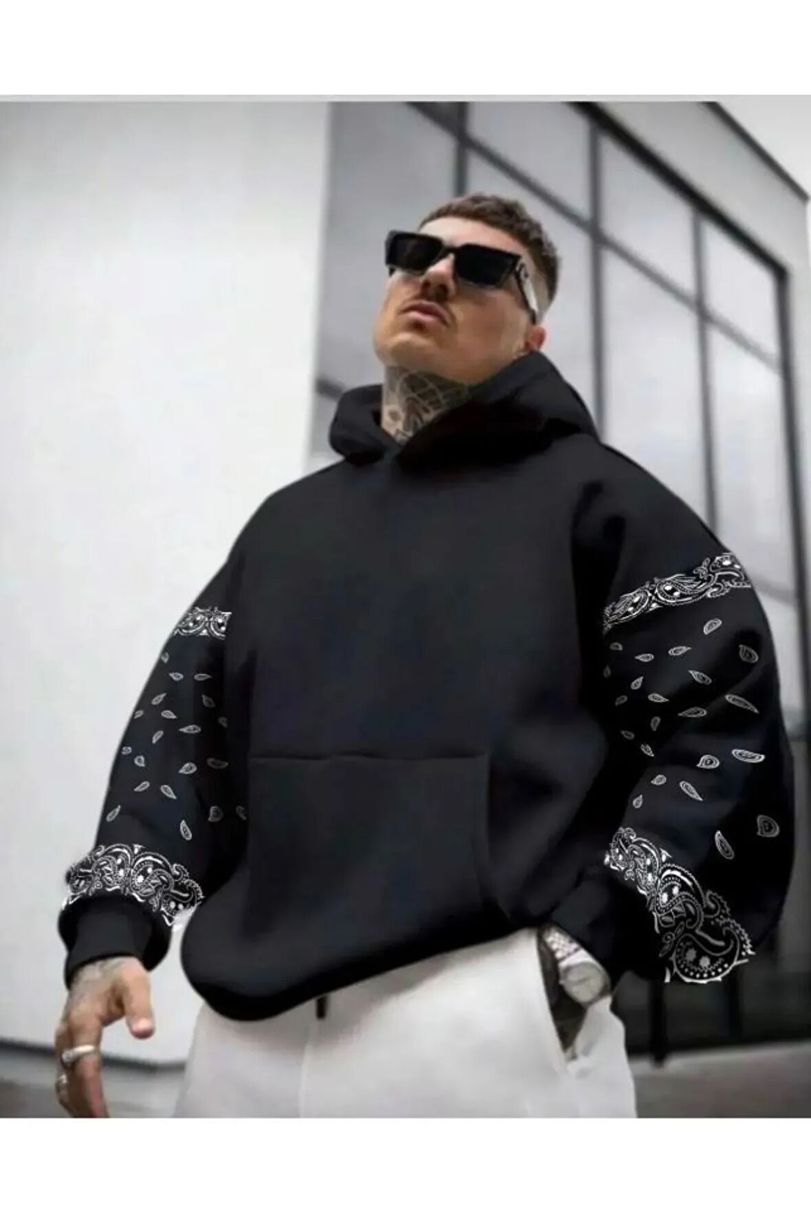 Erkek Siyah Kol Desenli Oversize Sweatshirt