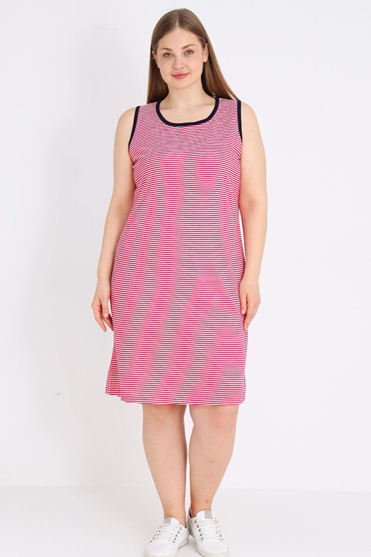 Kadın Çizgili %100 Pamuk Biye Detaylı Relaxed Elbise