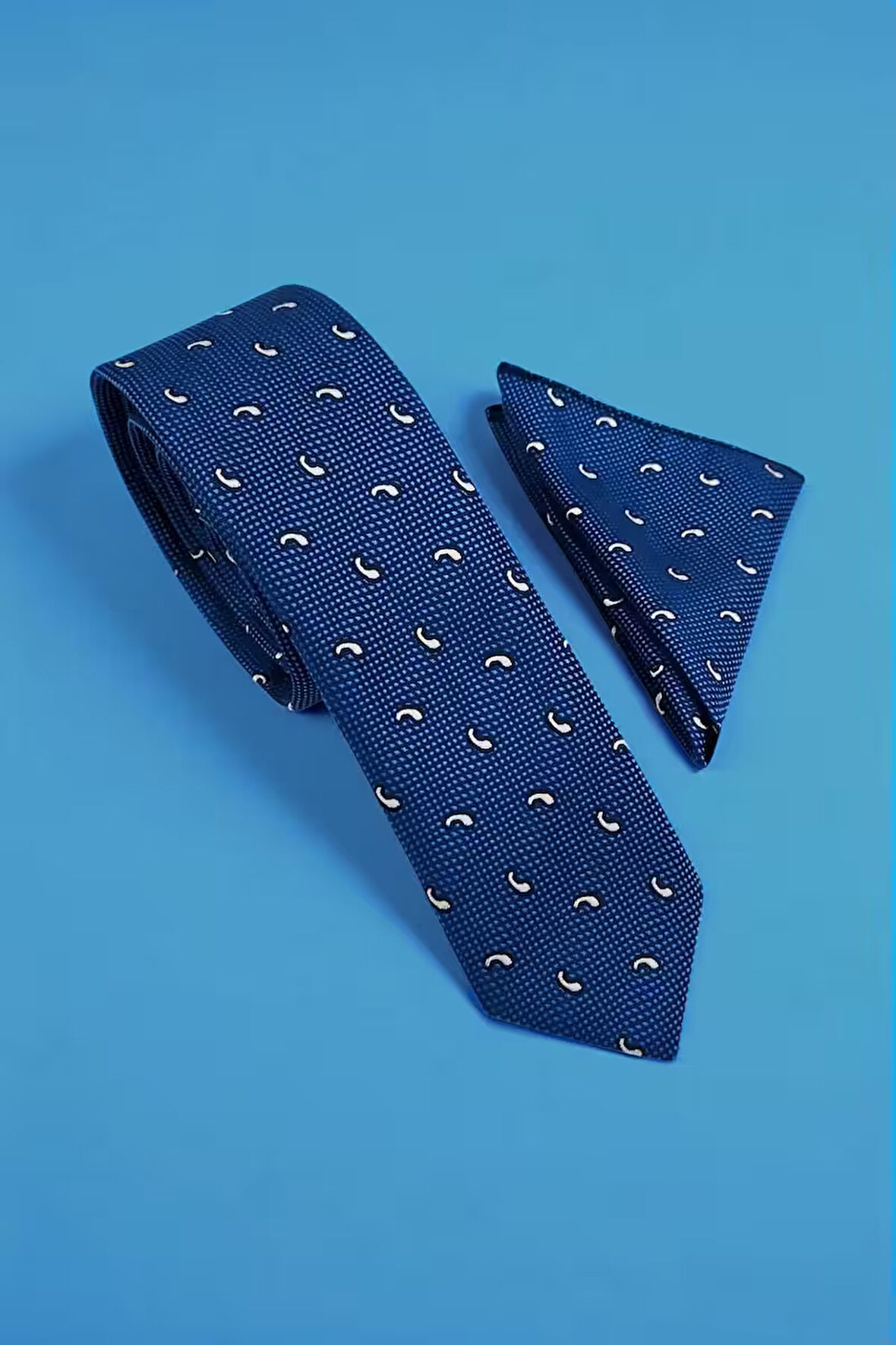 Slim Damla Desen Mavi Kravat & Mendil